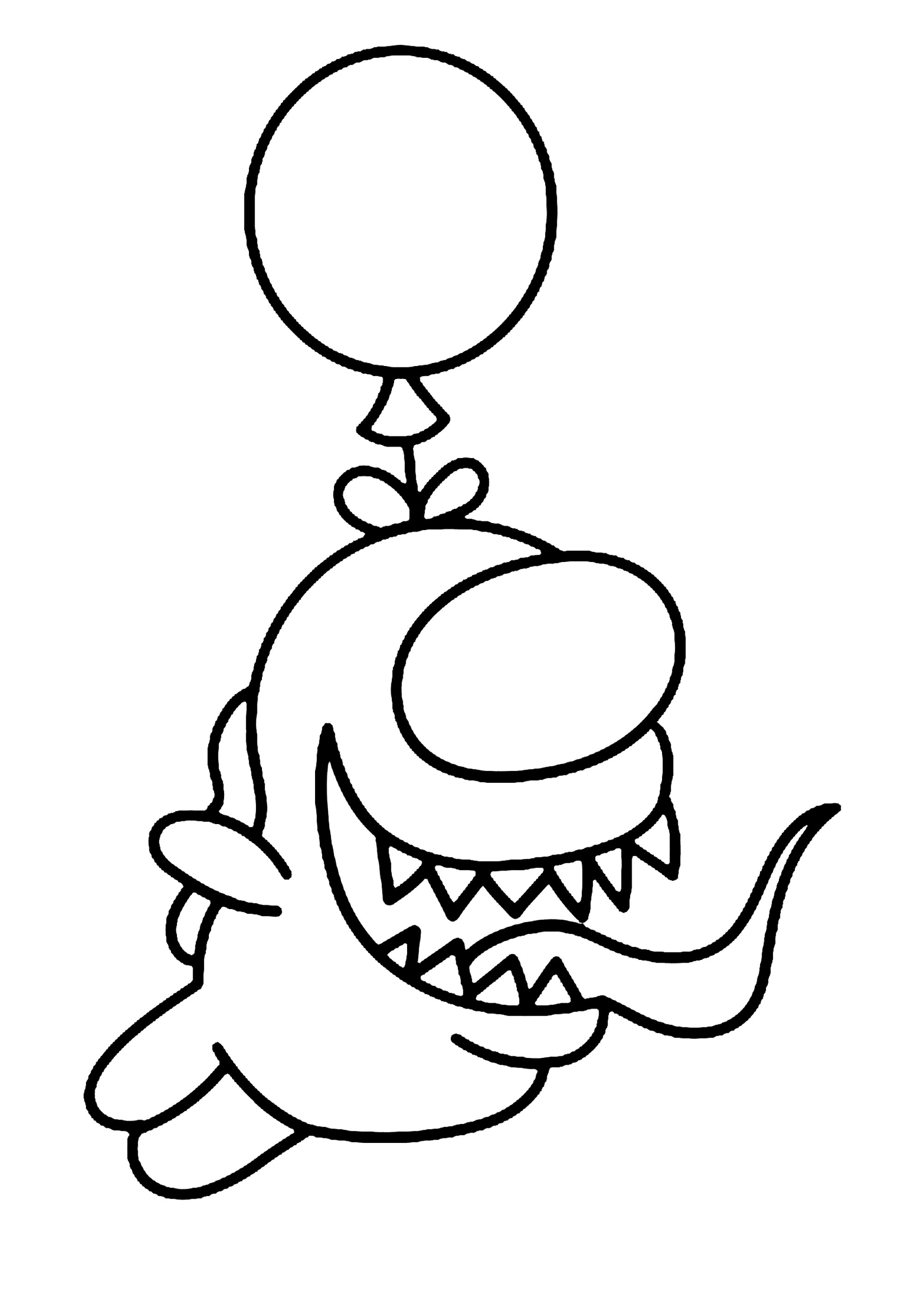 Charakter, der mit einem Ballon davonfliegt. (Ausmalbild von Among Us zum Ausdrucken und Ausmalen für Kinder)