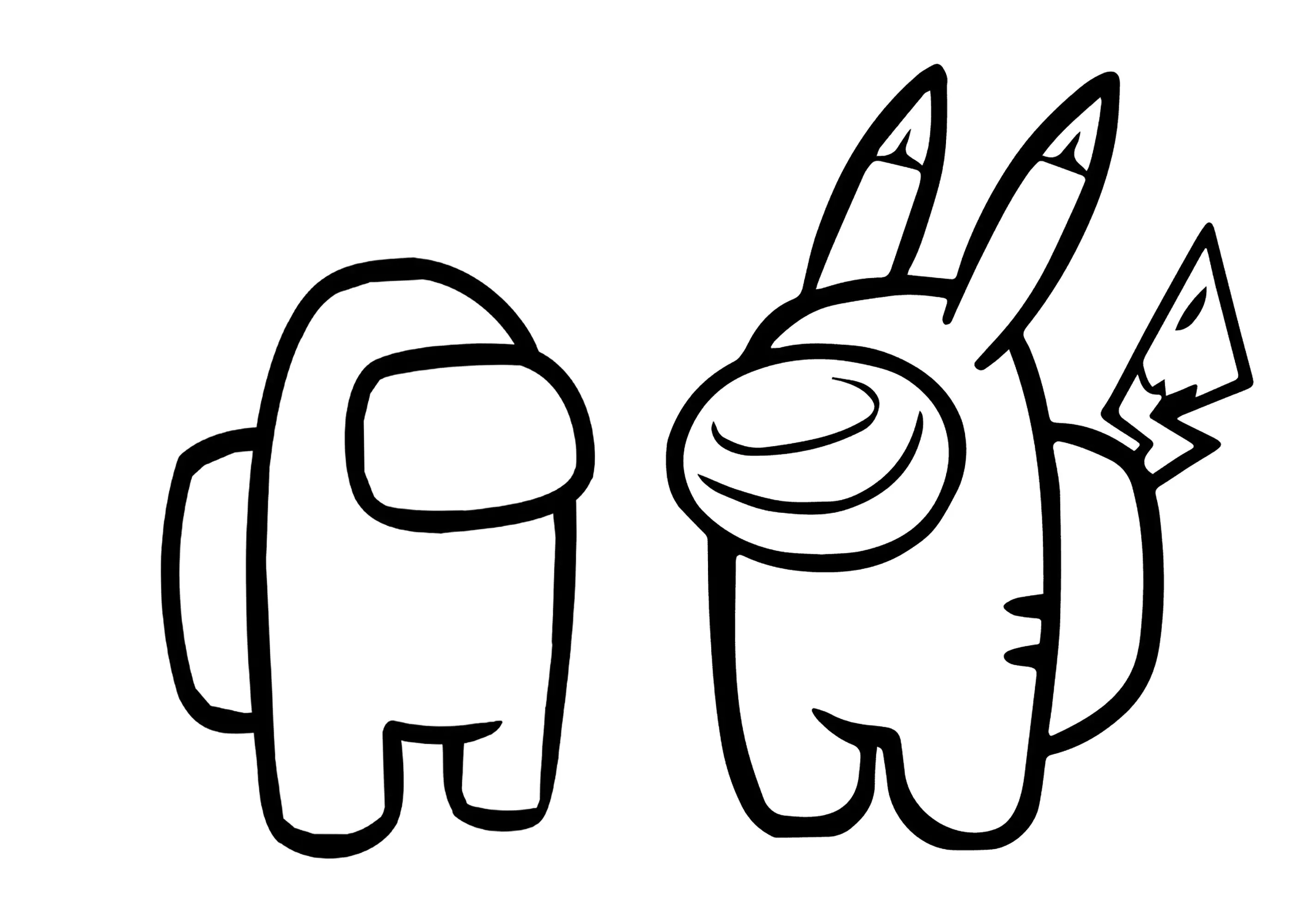 Personnage Among Us und Pikachu das berühmte Pokemon (Ausmalbild zum Ausdrucken und Ausmalen für Kinder)