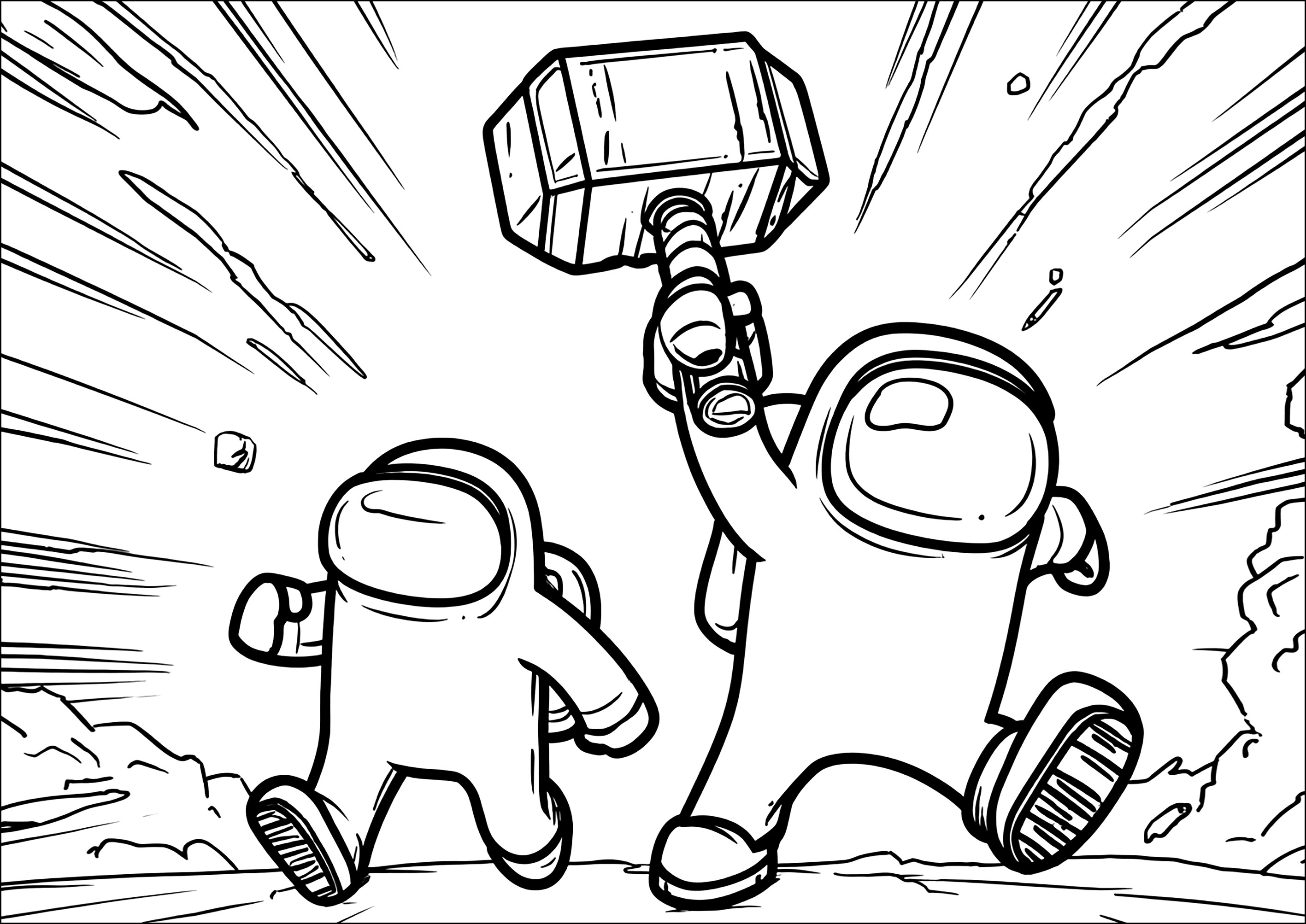 Charaktere laufen mit einem Hammer (Ausmalbild von Among Us zum Ausdrucken und Ausmalen für Kinder)