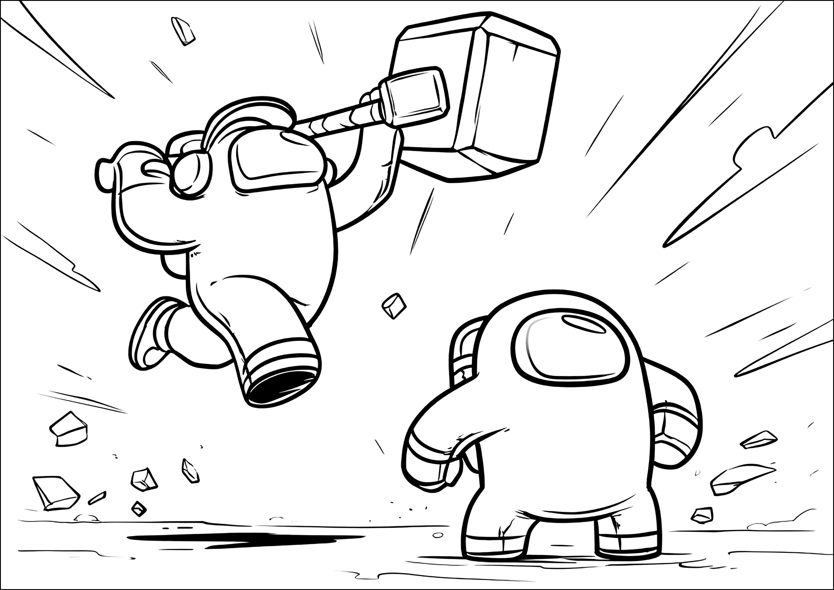 Auseinandersetzung mit dem Hammer (Ausmalbild von Among Us zum Ausdrucken und Ausmalen für Kinder)