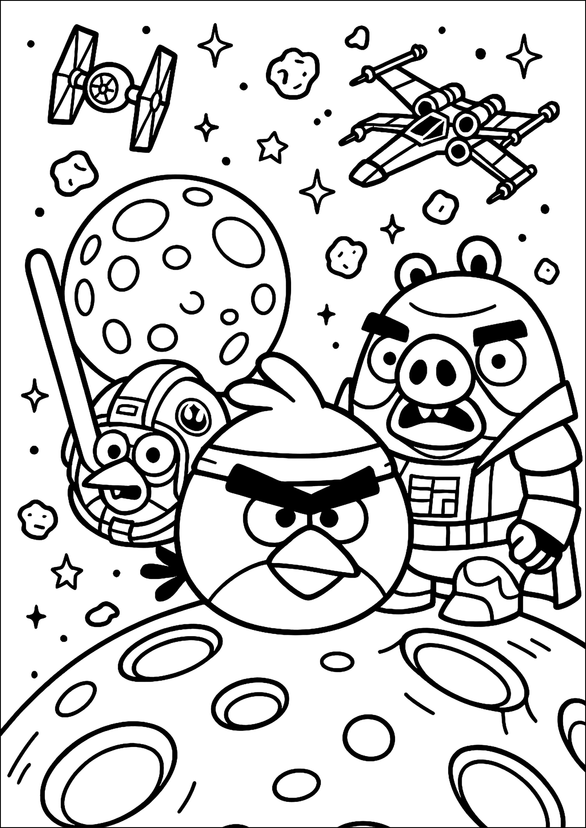 Weltraumvögel auf Mission (Ausmalbild von Angry Birds Star Wars zum Ausdrucken und Ausmalen für Kinder)