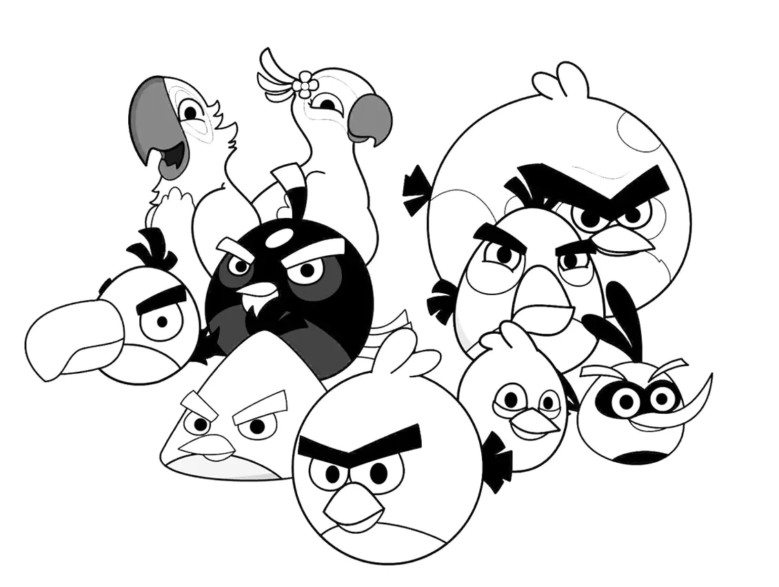 Versammelte Charaktere (Ausmalbild von Angry Birds zum Ausdrucken und Ausmalen für Kinder)