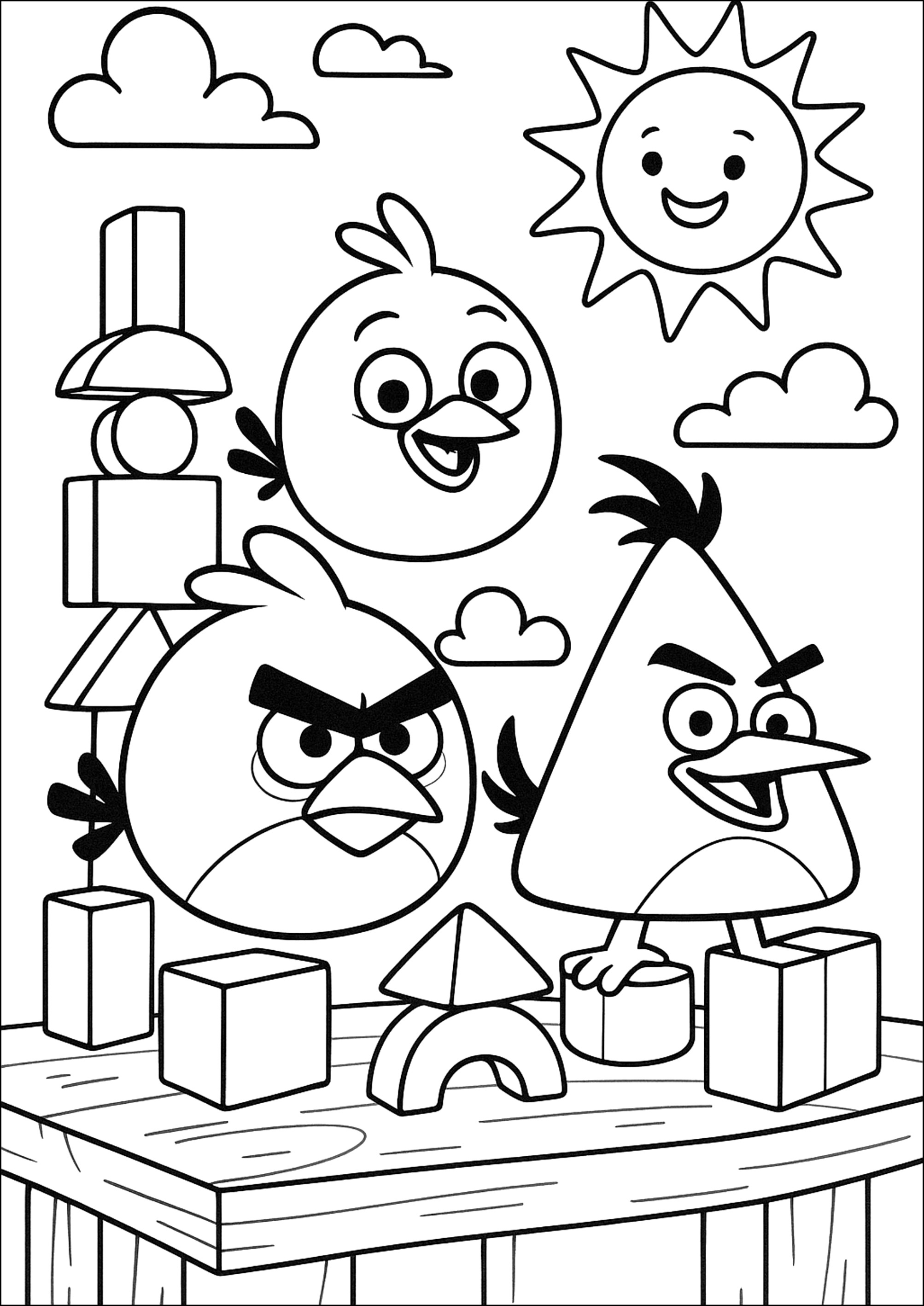 Drei Angry Birds bereit zum Einsatz (Ausmalbild zum Ausdrucken und Ausmalen für Kinder)