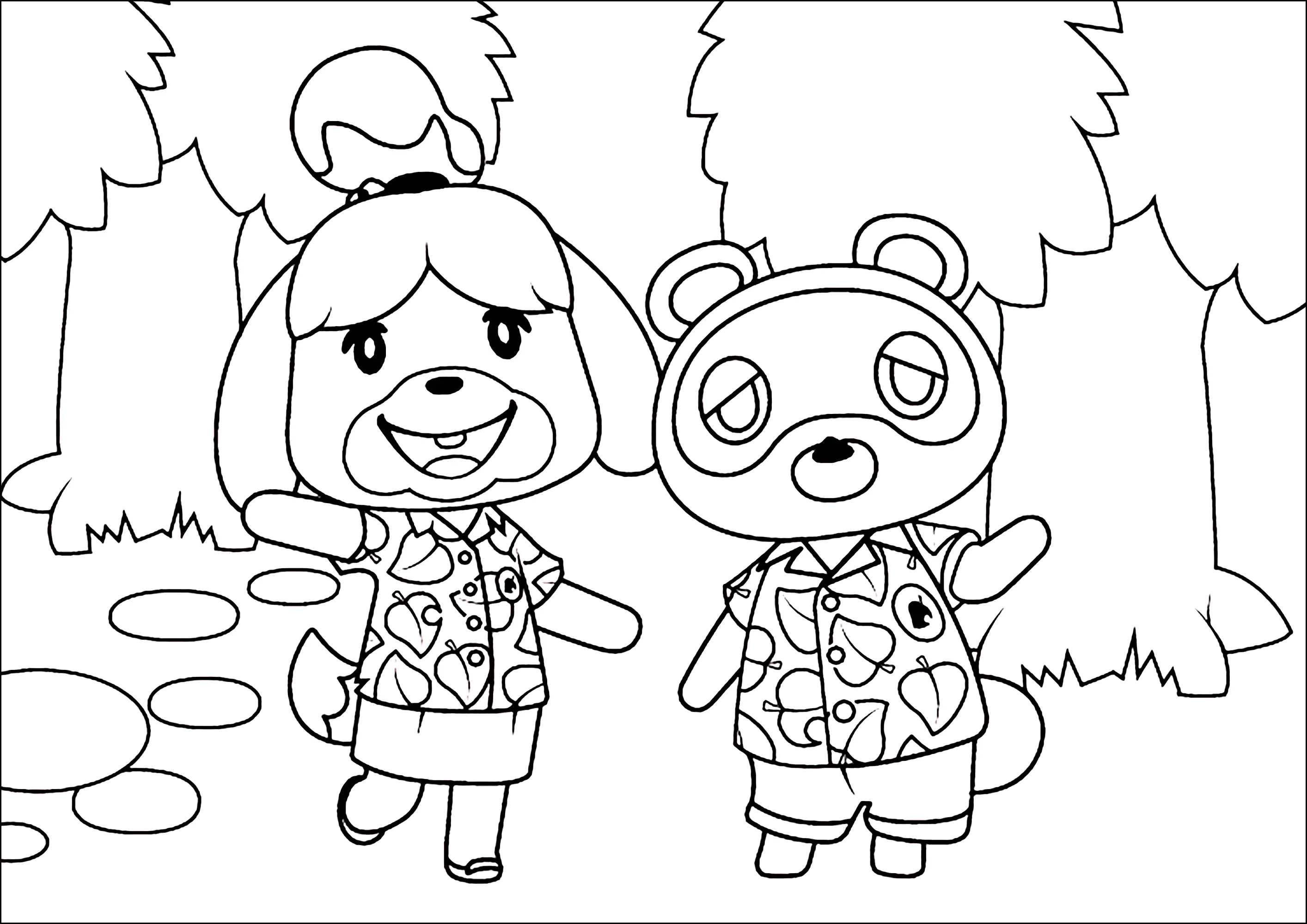 Marie und Tom Nook. (Ausmalbild von Animal Crossing zum Ausdrucken und Ausmalen für Kinder)