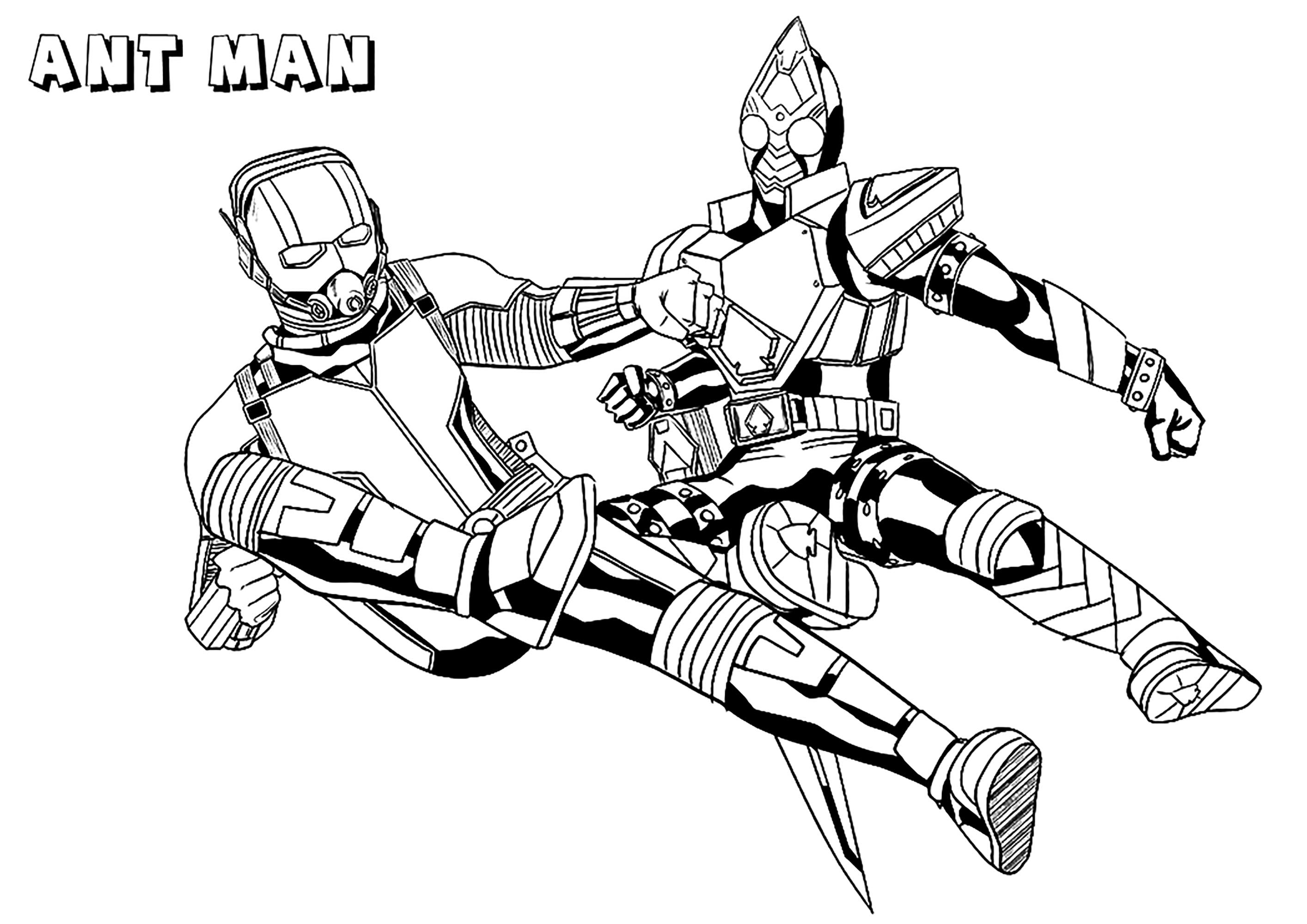 Ant-Man gegen einen Feind (Ausmalbild zum Ausdrucken und Ausmalen für Kinder)