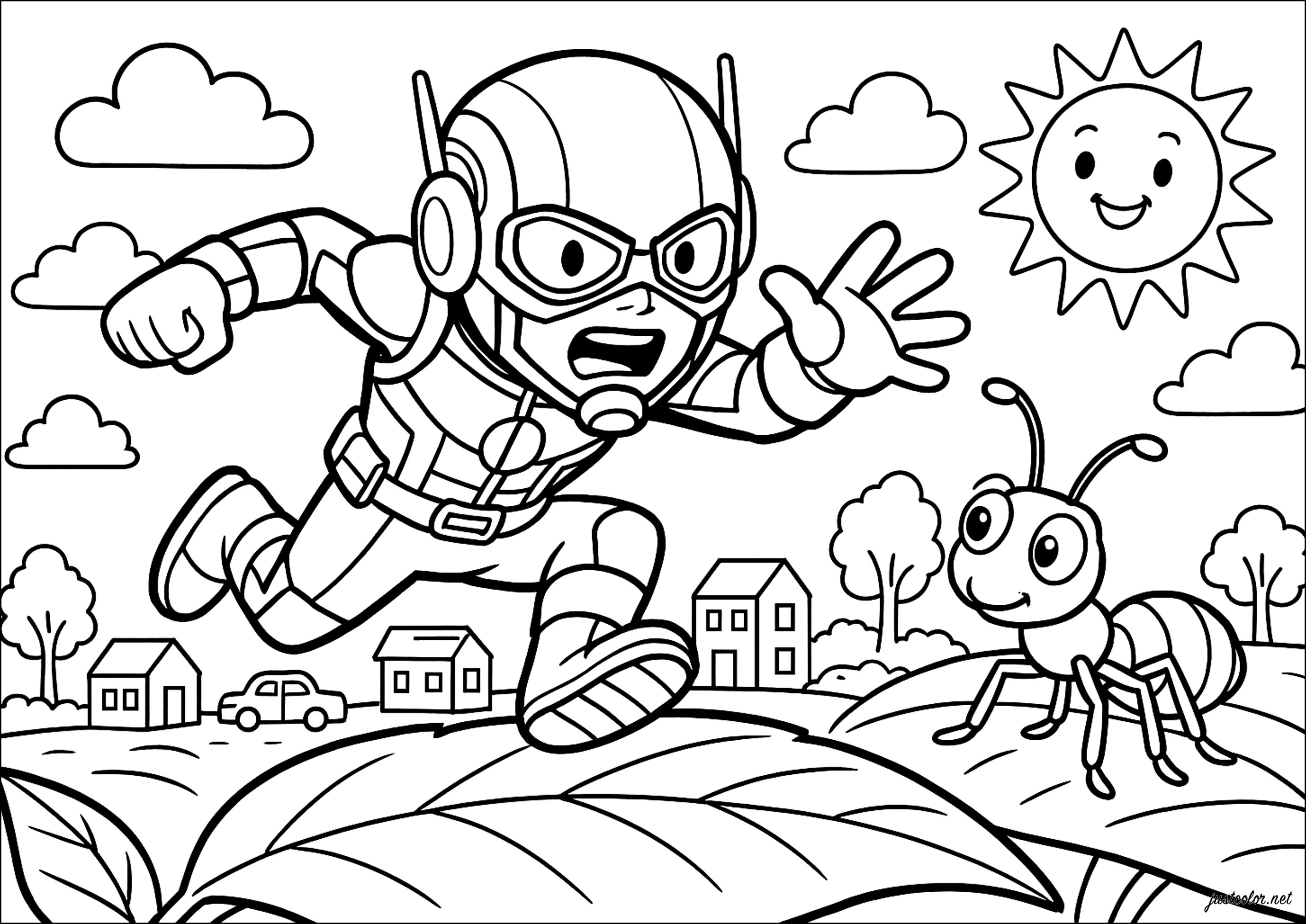 Ant-Man und eine Ameise (Ausmalbild zum Ausdrucken und Ausmalen für Kinder)