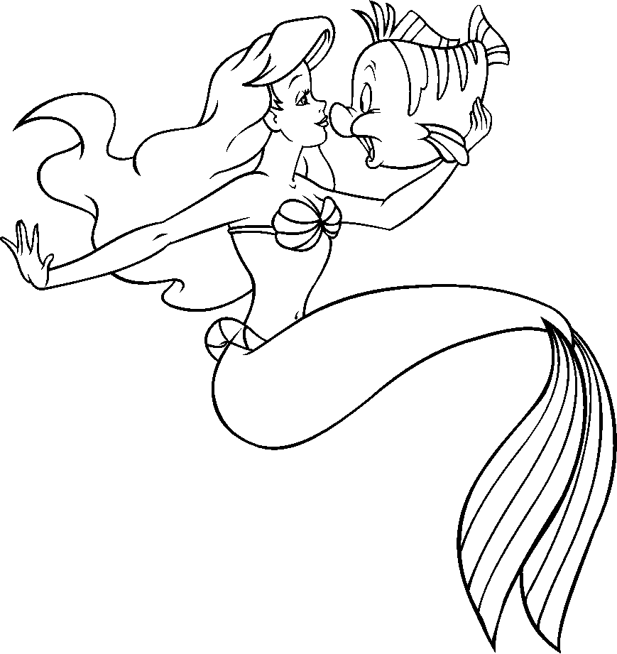 Die kleine Meerjungfrau (Disney): Ariel mit ihrem Freund Fabius. (Ausmalbild von Arielle, die Meerjungfrau zum Ausdrucken und Ausmalen für Kinder)