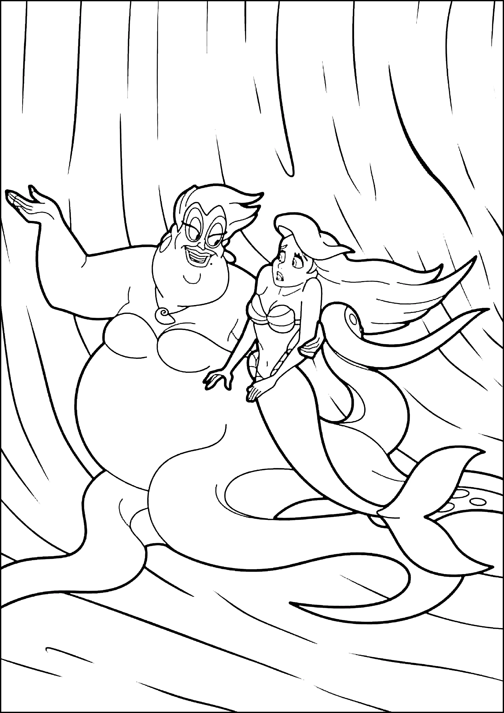 Die böse Ursula mit Ariel, die kleine Meerjungfrau. (Ausmalbild von Arielle, die Meerjungfrau zum Ausdrucken und Ausmalen für Kinder)