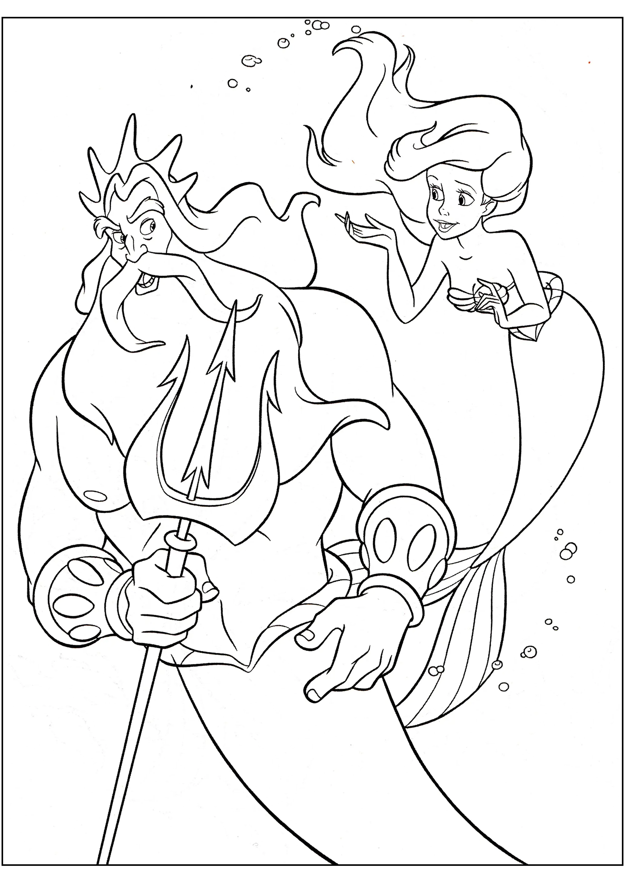 König Triton im Gespräch mit Ariel. (Ausmalbild von Arielle, die Meerjungfrau zum Ausdrucken und Ausmalen für Kinder)