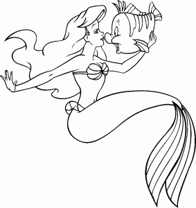 Die kleine Meerjungfrau (Disney): Ariel mit ihrem Freund Fabius. (Ausmalbild von Arielle, die Meerjungfrau)