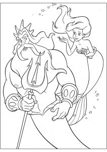 König Triton im Gespräch mit Ariel. (Ausmalbild von Arielle, die Meerjungfrau)