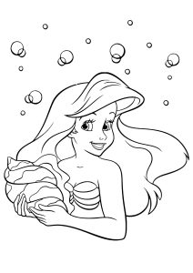 Ariel, die kleine Meerjungfrau, und eine hübsche Muschel. (Ausmalbild von Arielle, die Meerjungfrau)