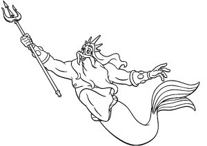 König Triton schwimmt mit seinem Dreizack. (Ausmalbild von Arielle, die Meerjungfrau)