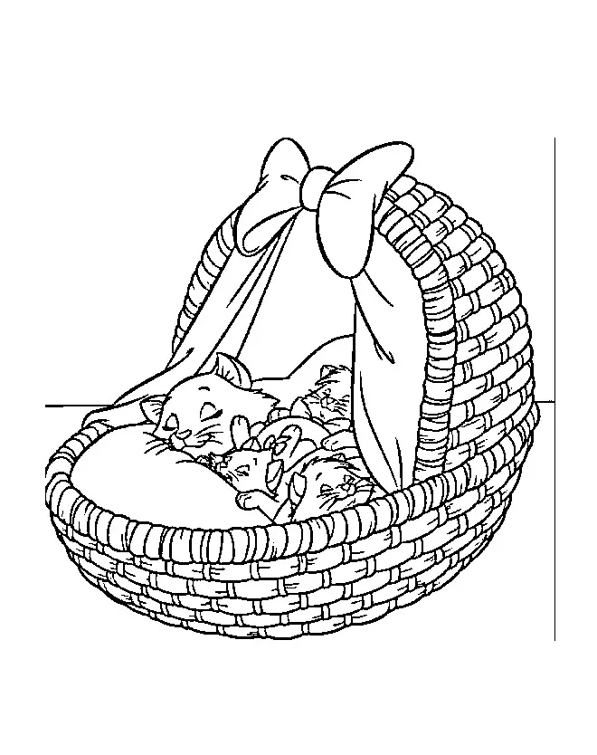 Kätzchen ruhen sich in ihrem Körbchen aus (Ausmalbild von Aristocats zum Ausdrucken und Ausmalen für Kinder)