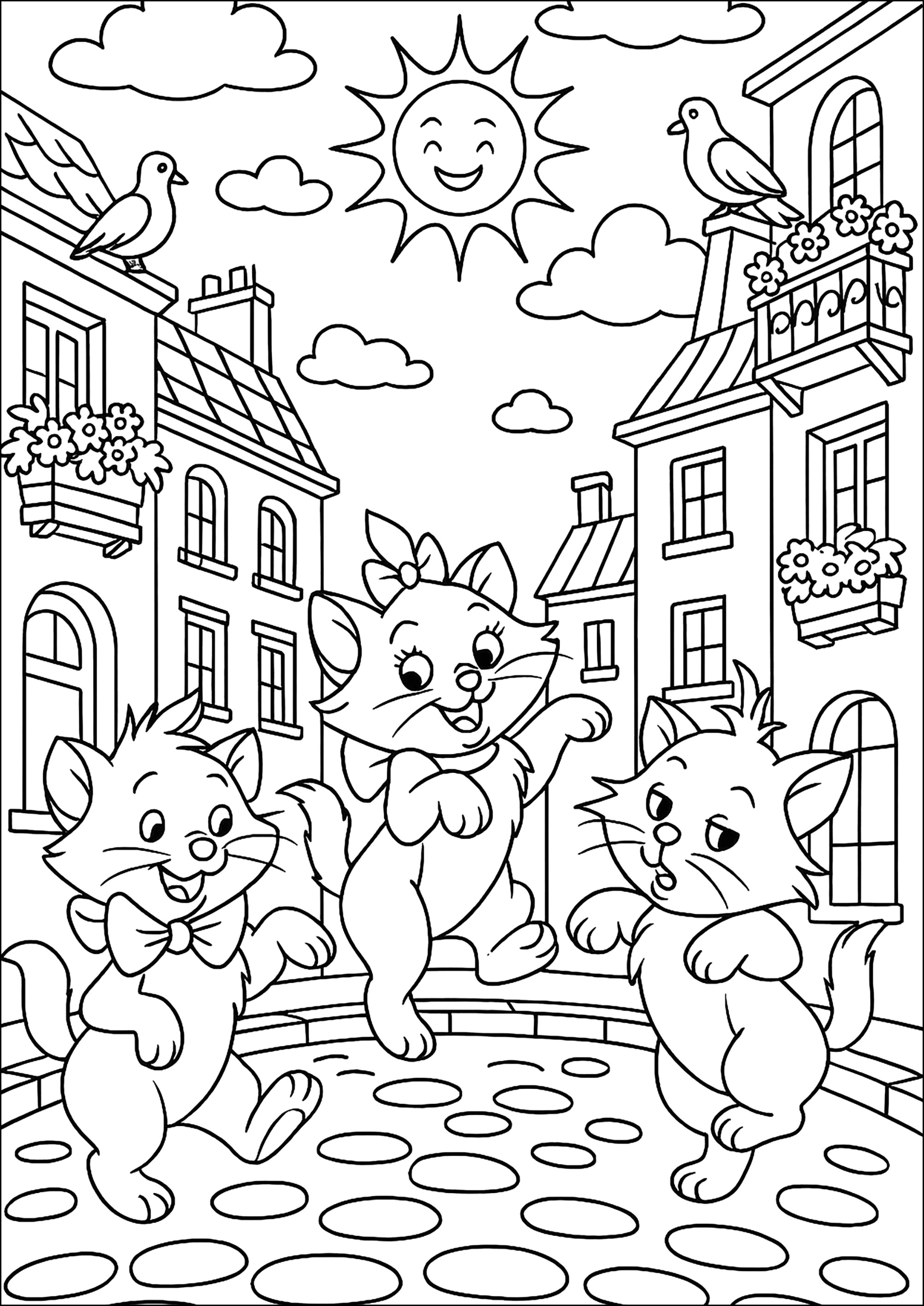 Schöner Tanz der fröhlichen Kätzchen (Ausmalbild von Aristocats zum Ausdrucken und Ausmalen für Kinder)