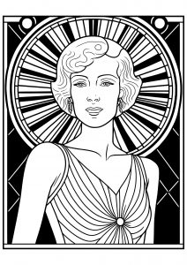 Eine elegante Frau aus den 1920er Jahren, vor einem Art-Déco-Hintergrund. Sie scheint direkt aus einem historischen Film zu kommen (Ausmalbild von Art Déco)