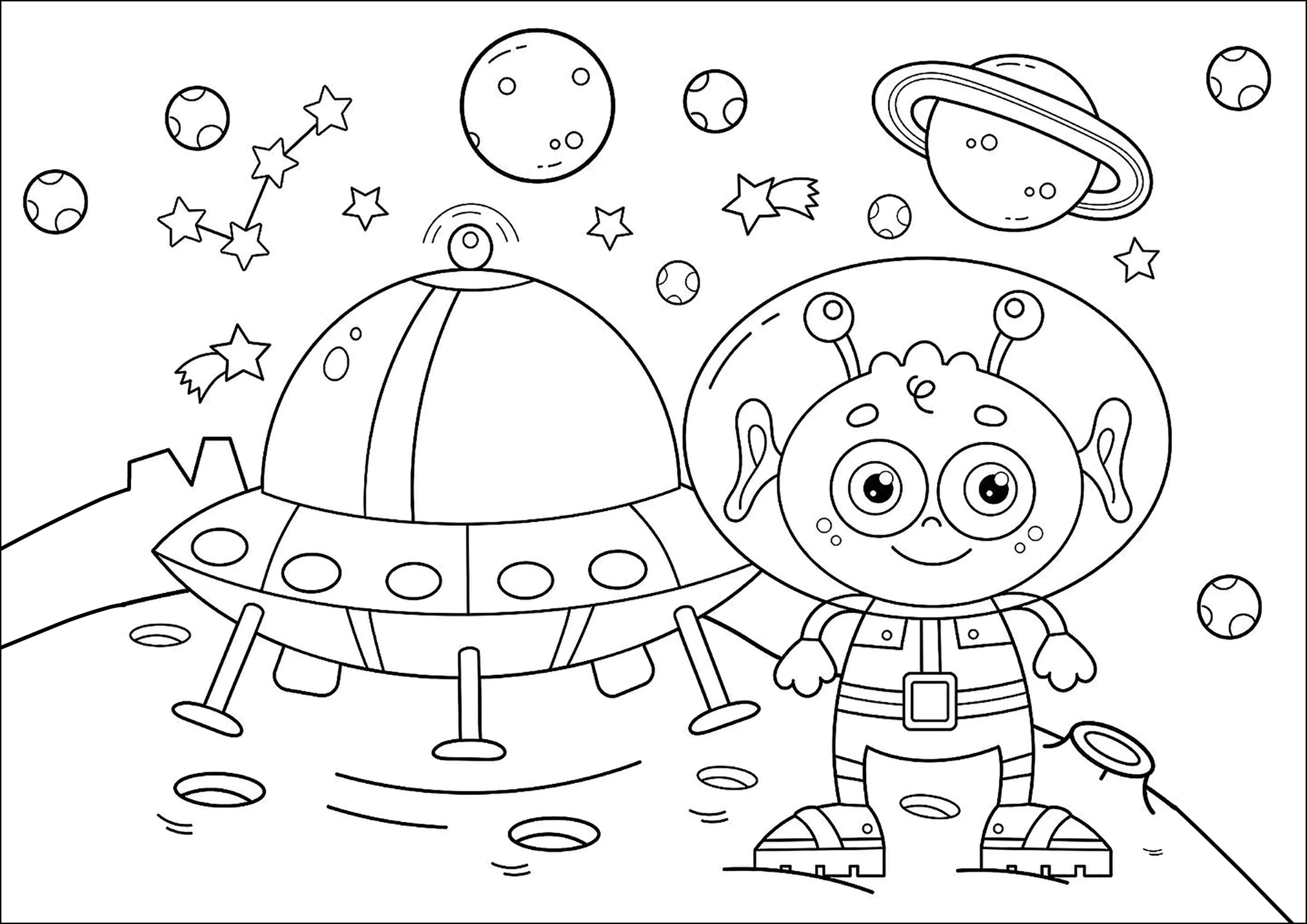Kleiner lustiger Außerirdischer (Ausmalbild von Ausländer zum Ausdrucken und Ausmalen für Kinder)