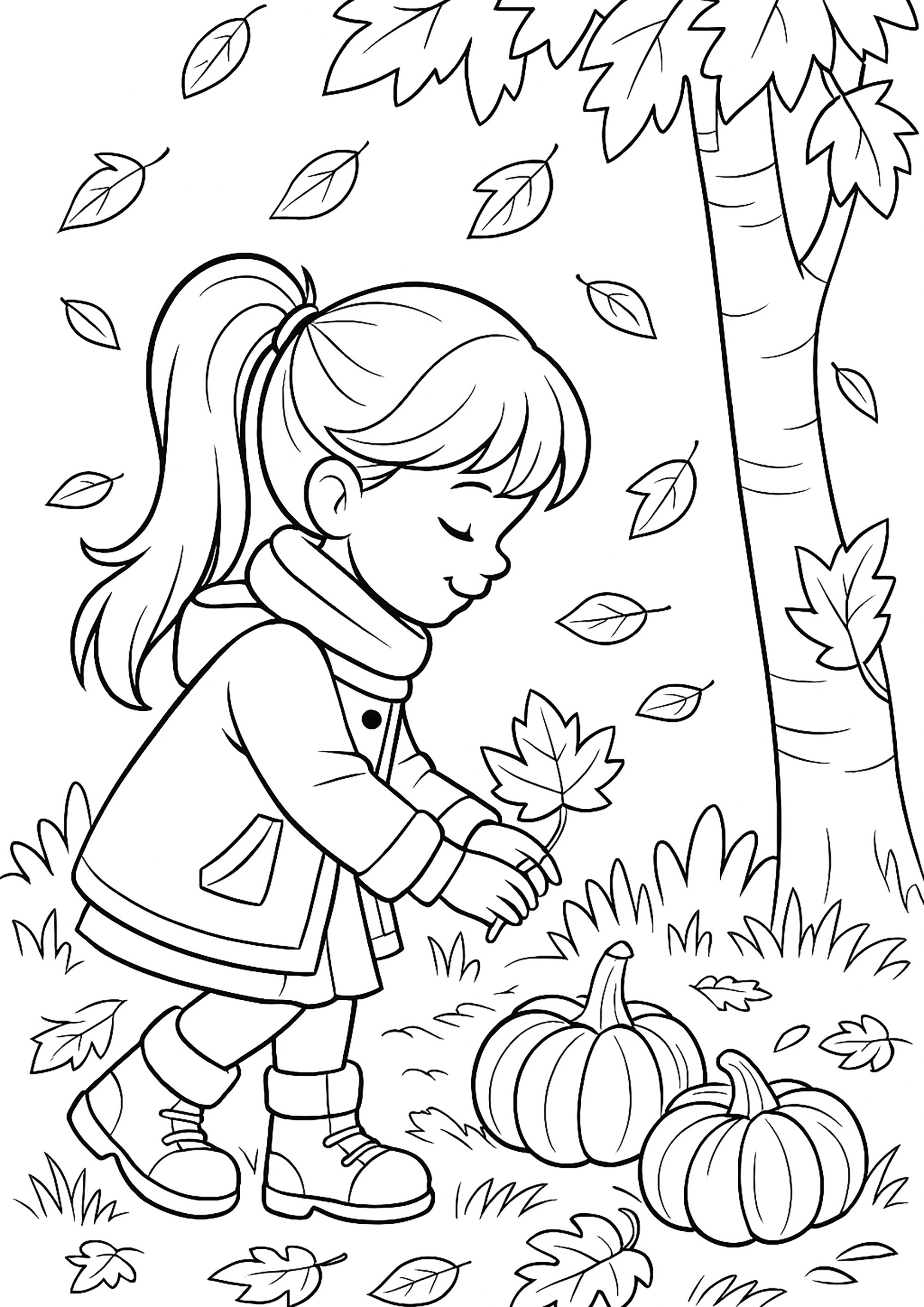 Kleines Mädchen sammelt Laub ein (Ausmalbild von Herbst zum Ausdrucken und Ausmalen für Kinder)