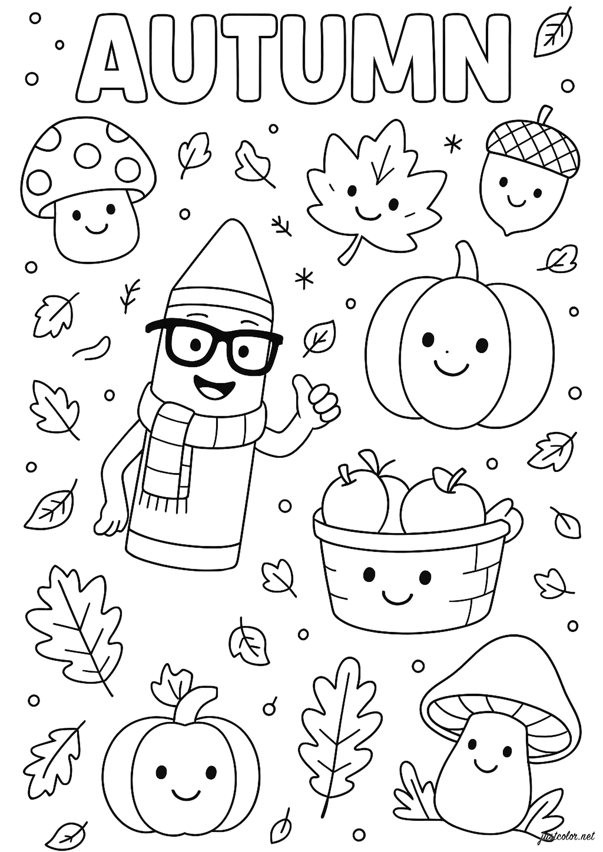 Verschiedene Symbole des Herbstes (Ausmalbild zum Ausdrucken und Ausmalen für Kinder)