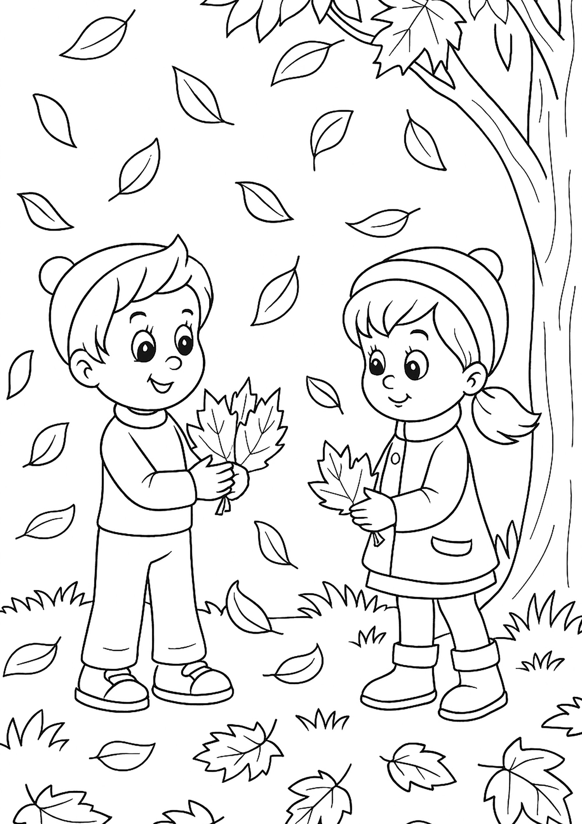 Kinder mit Laub (Ausmalbild von Herbst zum Ausdrucken und Ausmalen für Kinder)