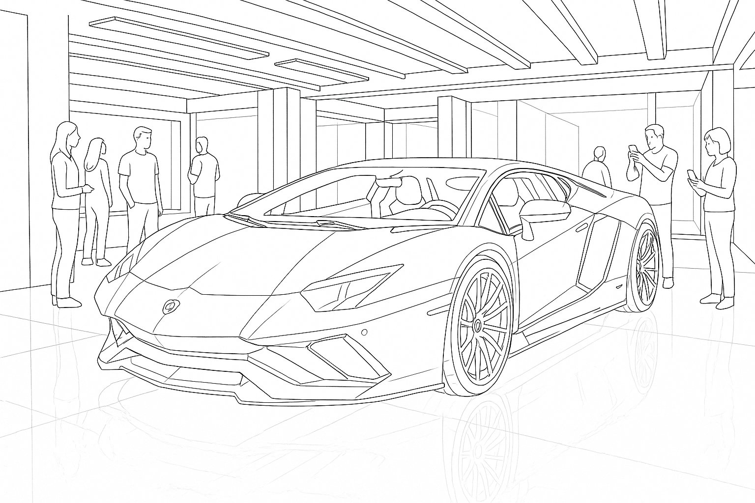 Lamborghini in einem Showroom (Ausmalbild von Autos zum Ausdrucken und Ausmalen für Kinder)
