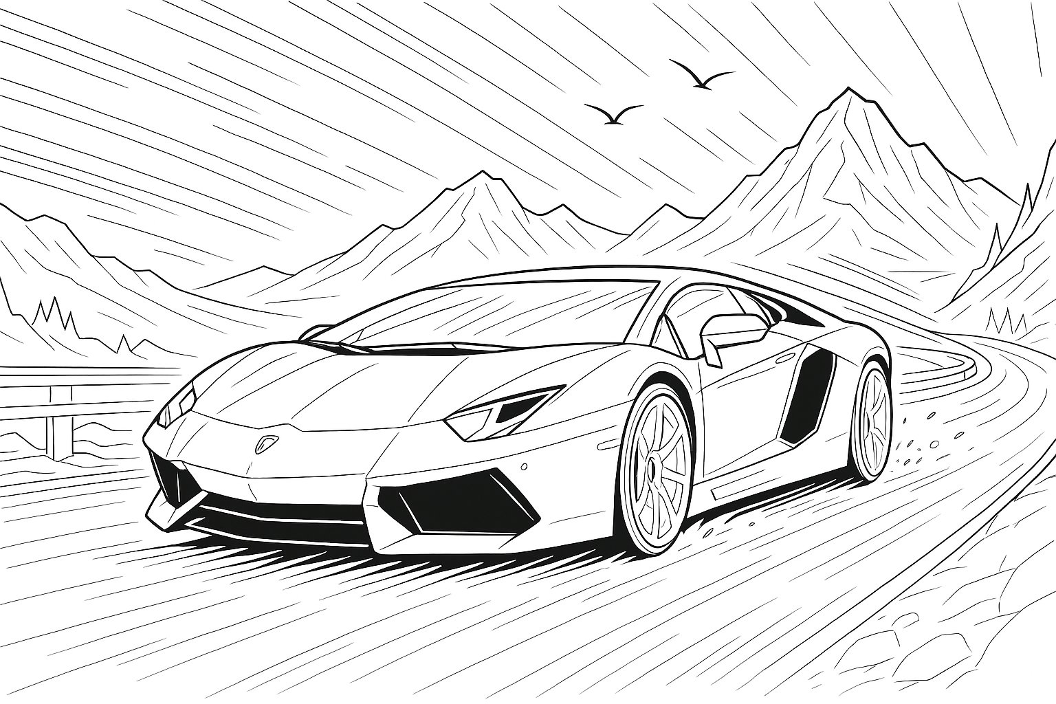 Lamborghini fahrend mit Höchstgeschwindigkeit (Ausmalbild von Autos zum Ausdrucken und Ausmalen für Kinder)