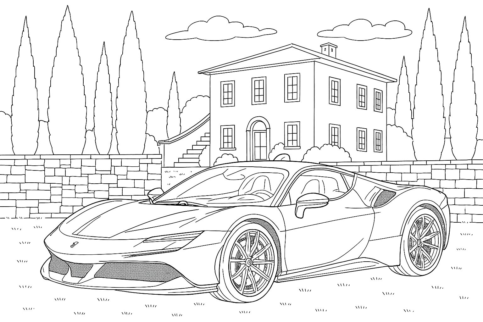 Ferrari SF90 Stradale (Ausmalbild von Autos zum Ausdrucken und Ausmalen für Kinder)