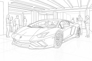 Lamborghini in einem Showroom (Ausmalbild von Autos)