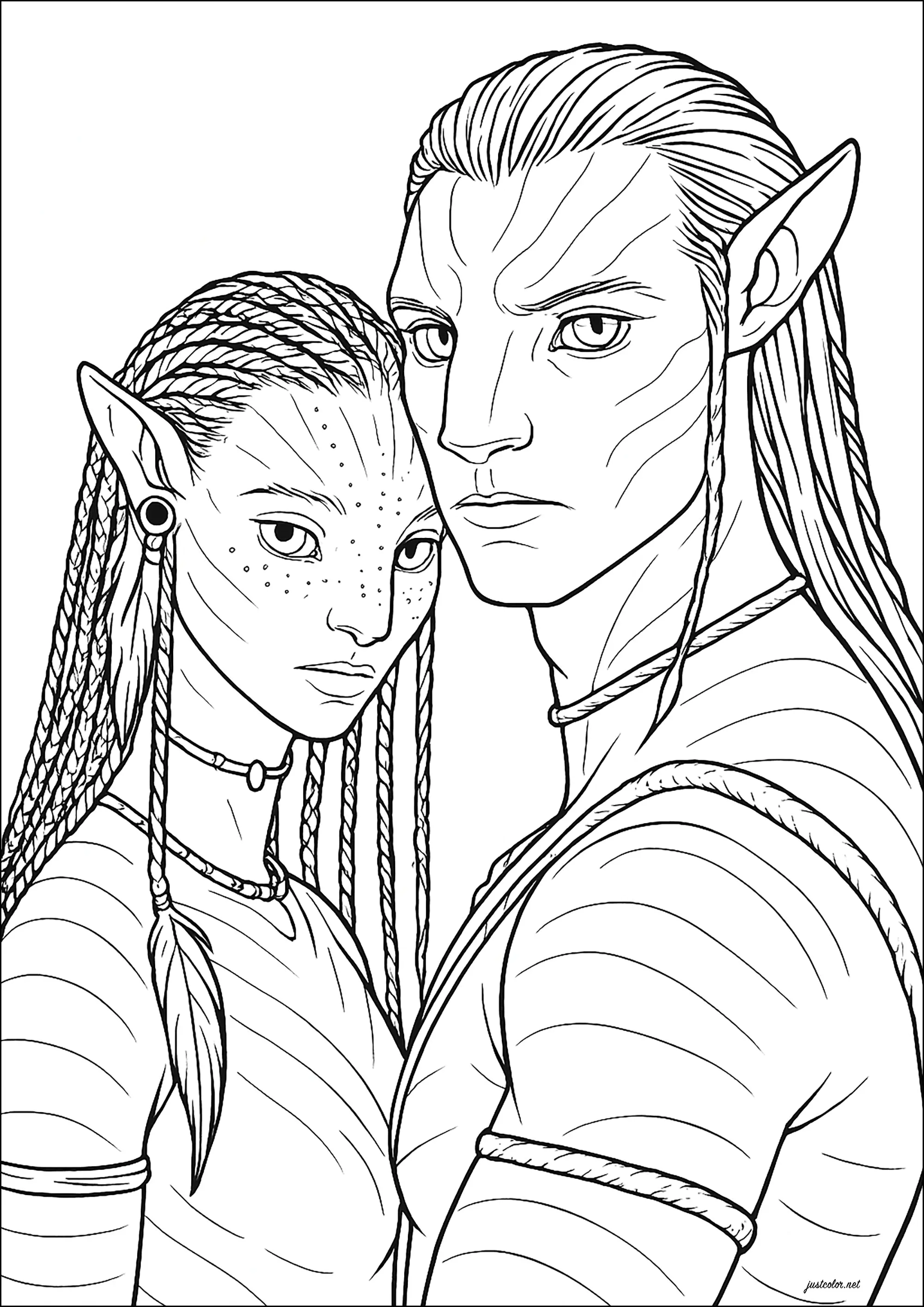 Neytiri und Jake Sull: Die beiden Hauptfiguren aus den Avatar-Filmen (Ausmalbild zum Ausdrucken und Ausmalen für Kinder)