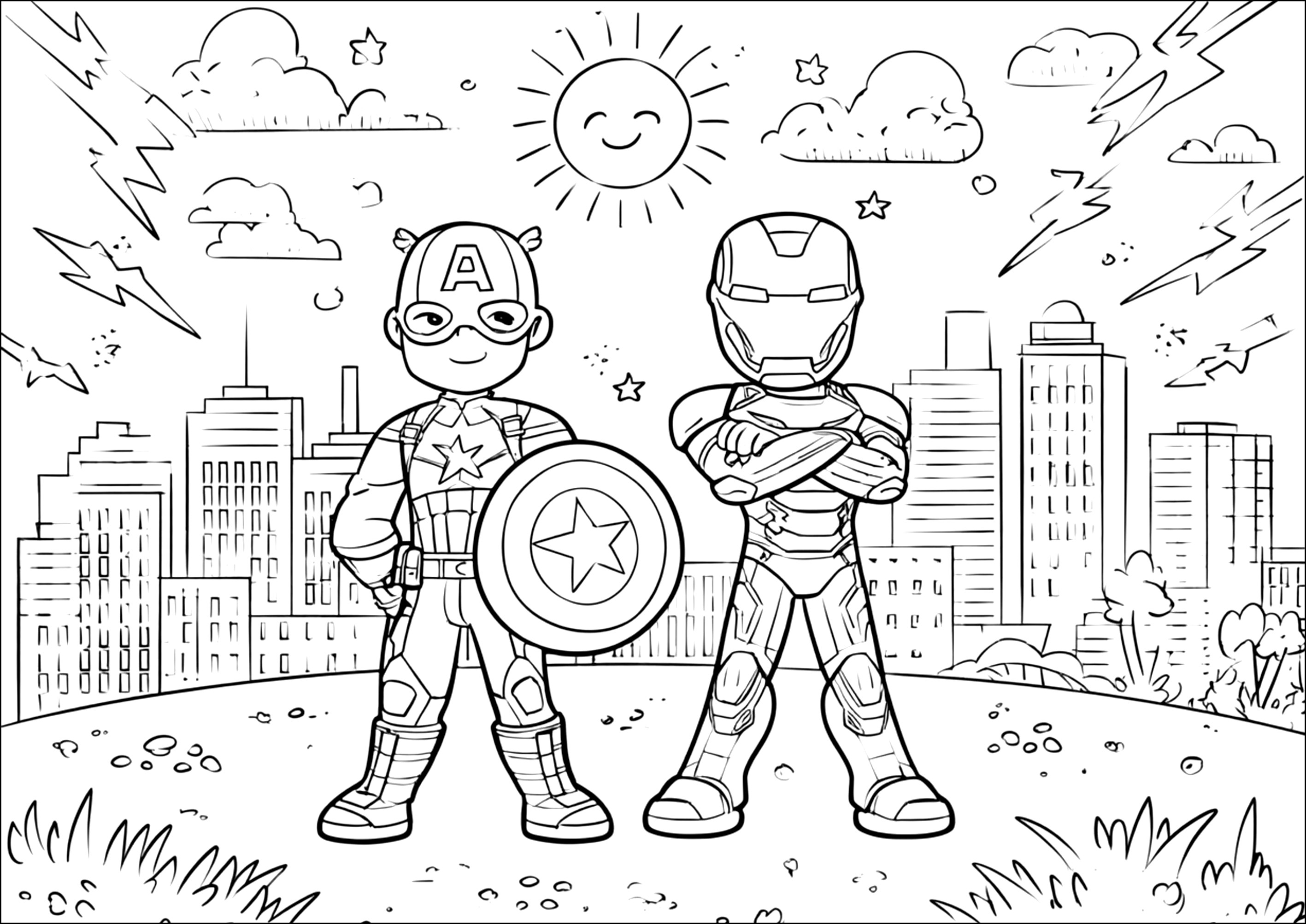 Captain America und Iron Man (Ausmalbild von Avengers zum Ausdrucken und Ausmalen für Kinder)