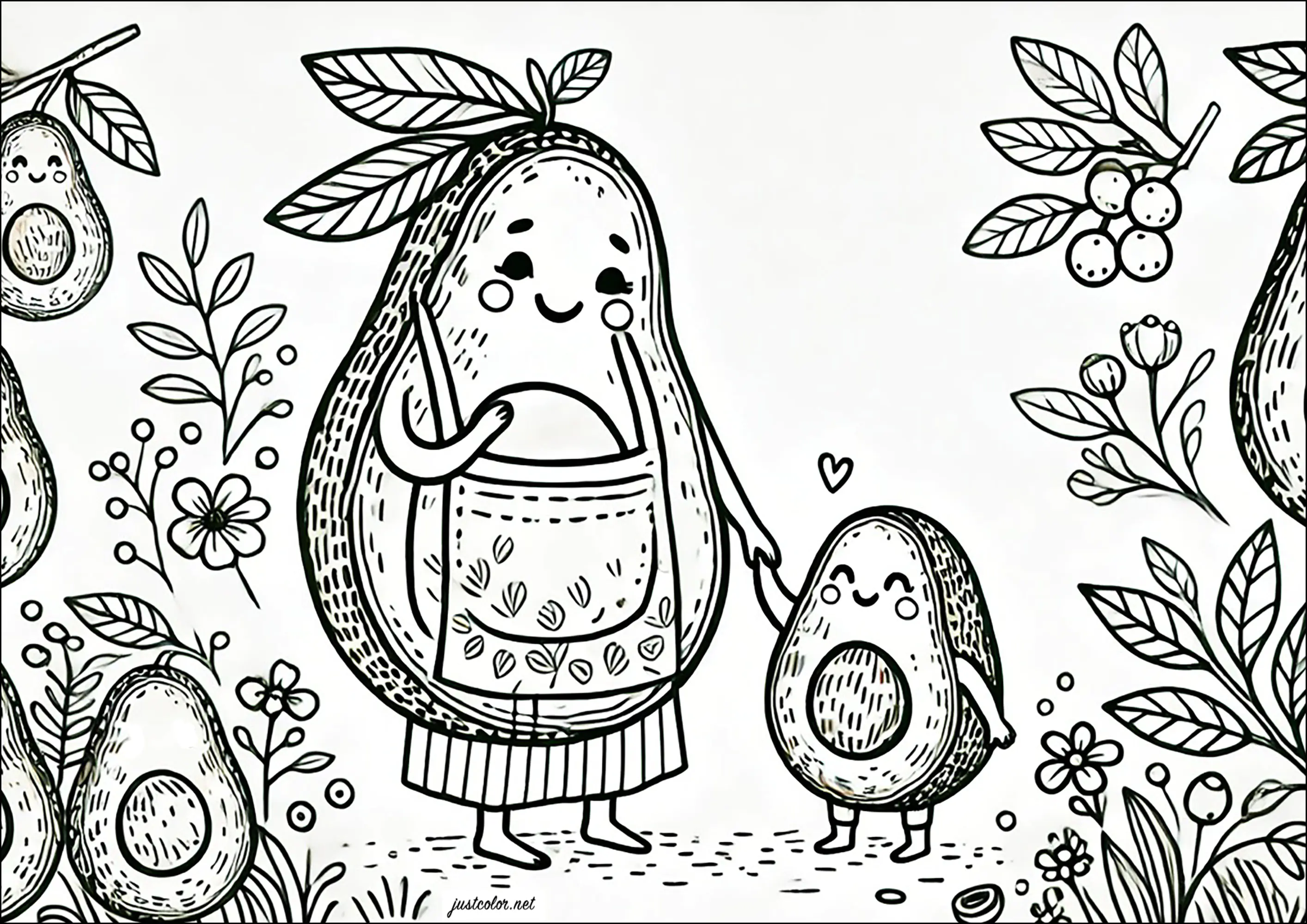 Avocadomutter und ihr Kind (Ausmalbild von Avocado zum Ausdrucken und Ausmalen für Kinder)