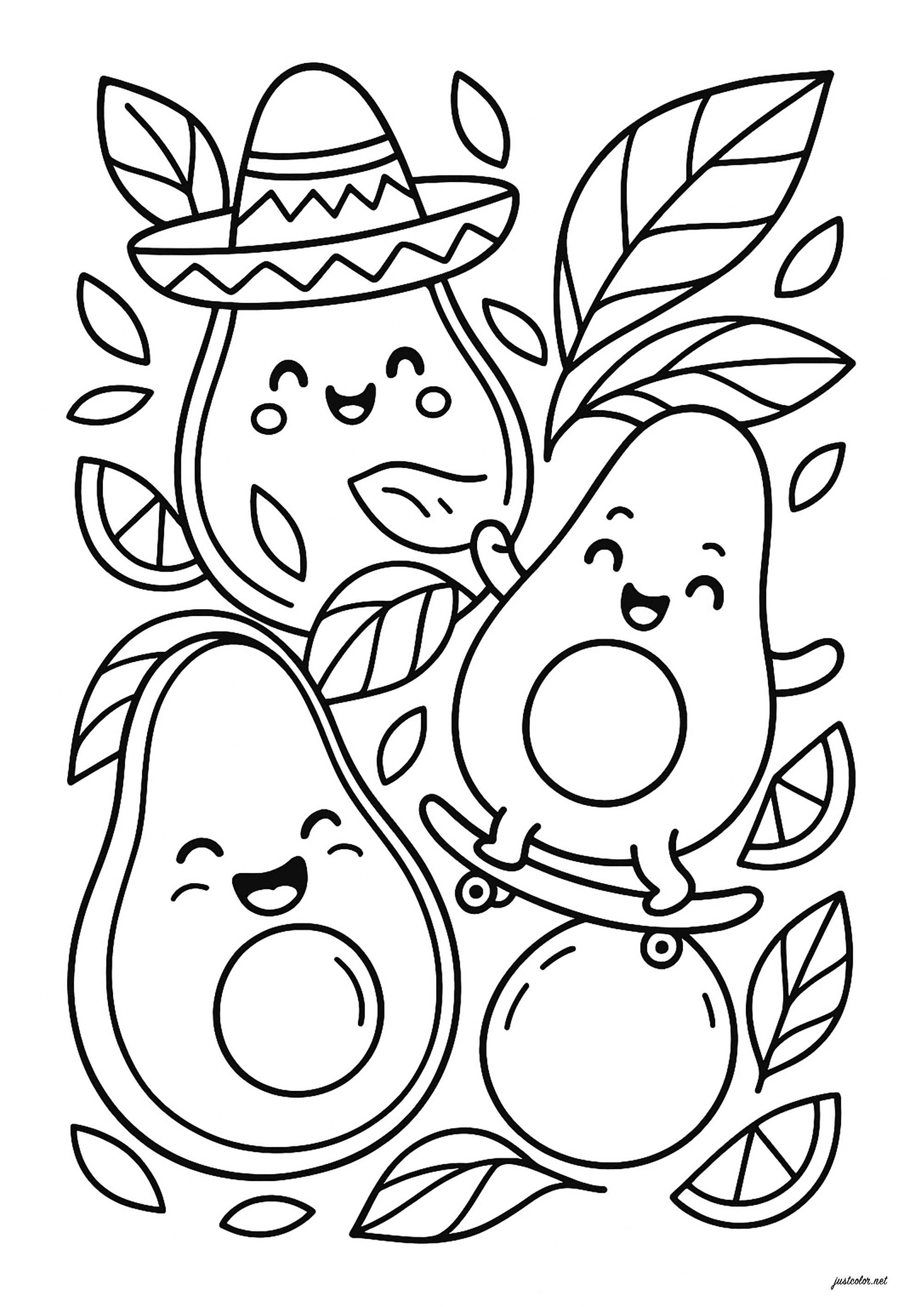 Drei fröhliche Avocados (Ausmalbild zum Ausdrucken und Ausmalen für Kinder)