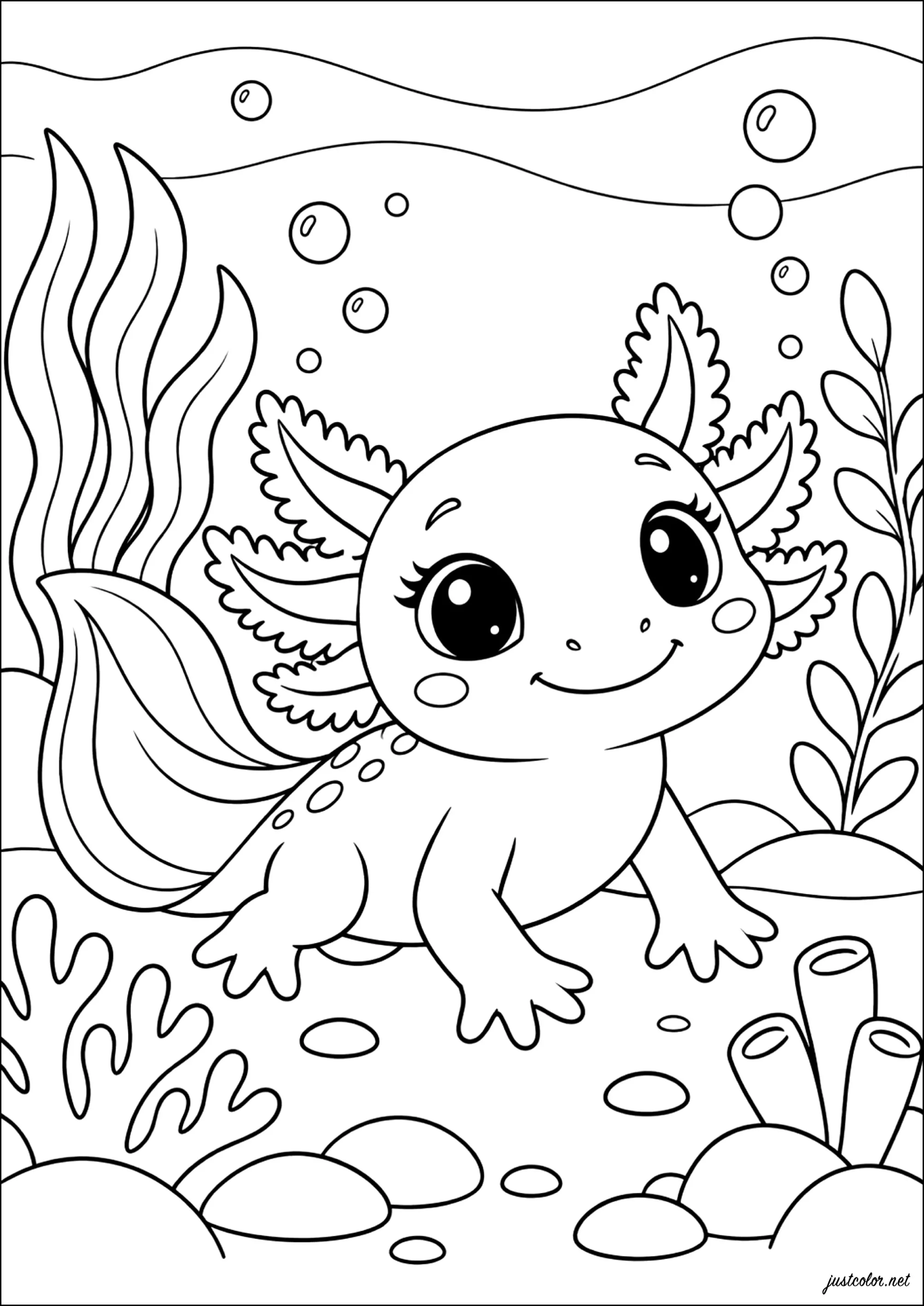Lächelnder Axolotl unter Wasser (Ausmalbild zum Ausdrucken und Ausmalen für Kinder)