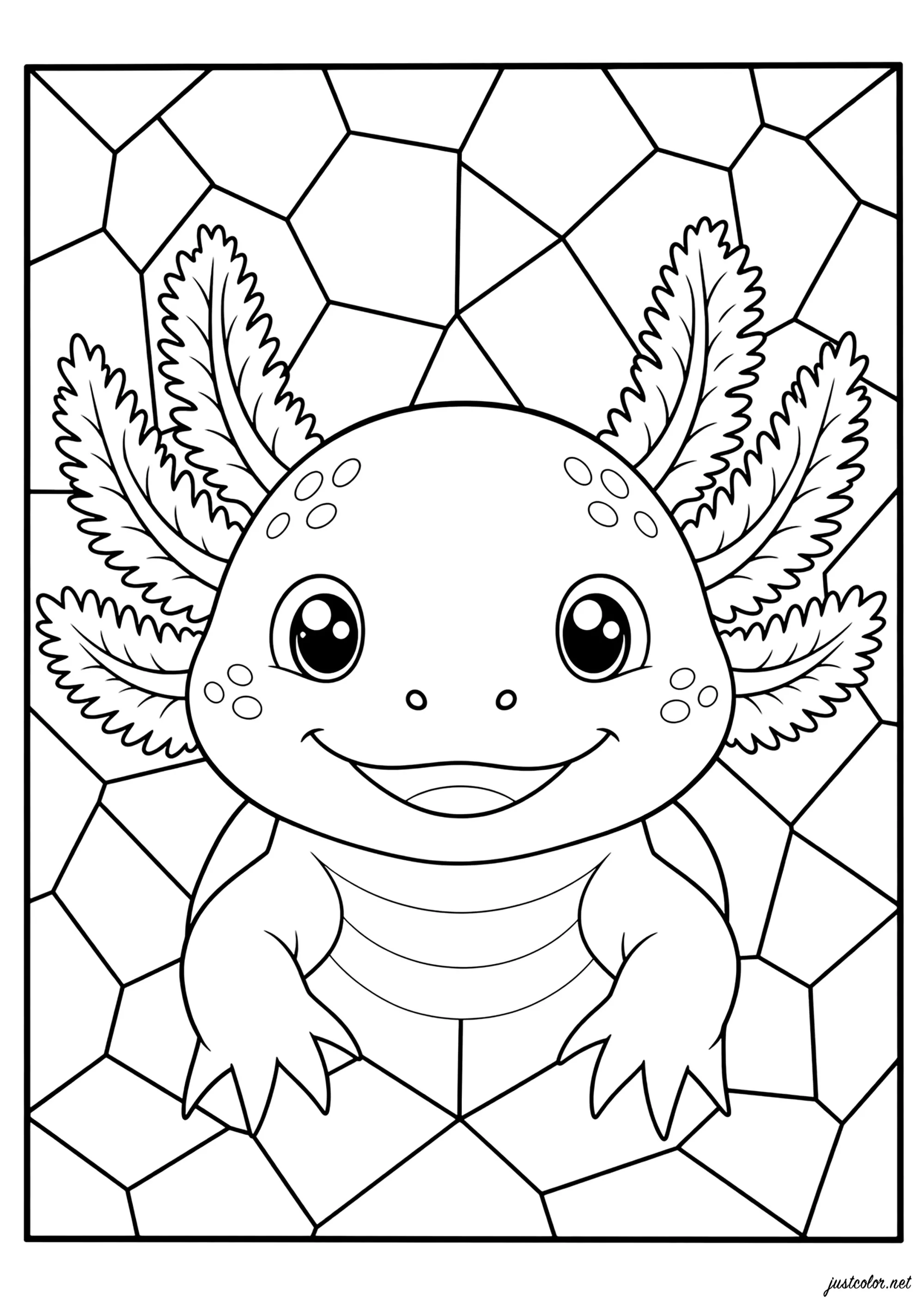 Lächeln eines glücklichen Axolotls (Ausmalbild zum Ausdrucken und Ausmalen für Kinder)