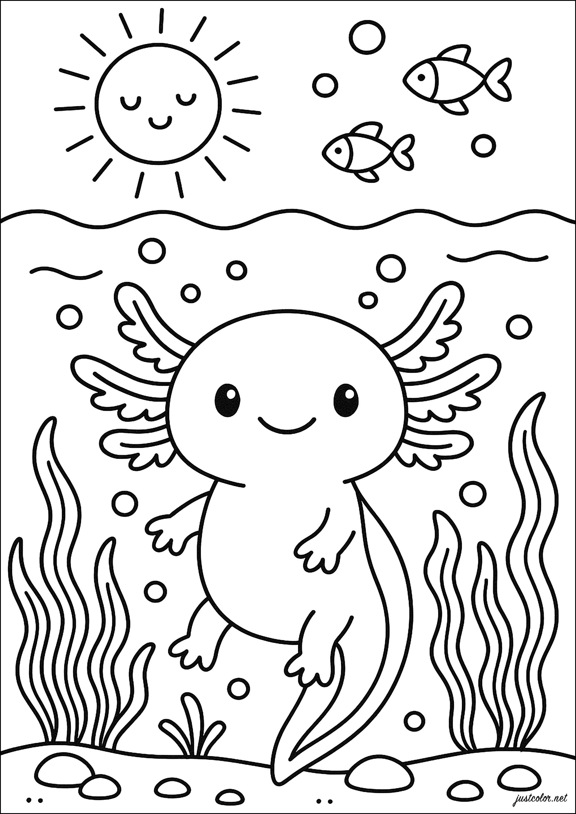 Unterwasserabenteuer mit einem hübschen Axolotl (Ausmalbild zum Ausdrucken und Ausmalen für Kinder)