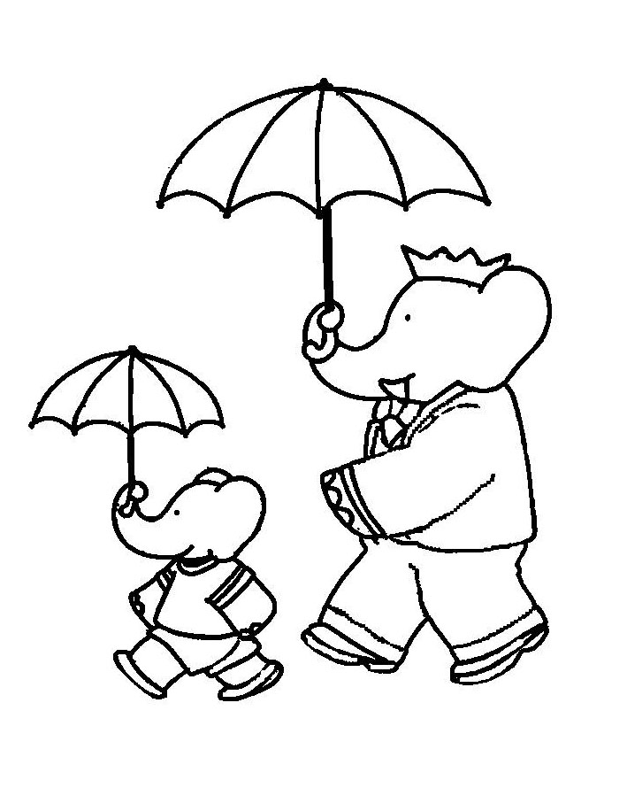 Vater und Sohn Babar mit ihren Regenschirmen (Ausmalbild zum Ausdrucken und Ausmalen für Kinder)