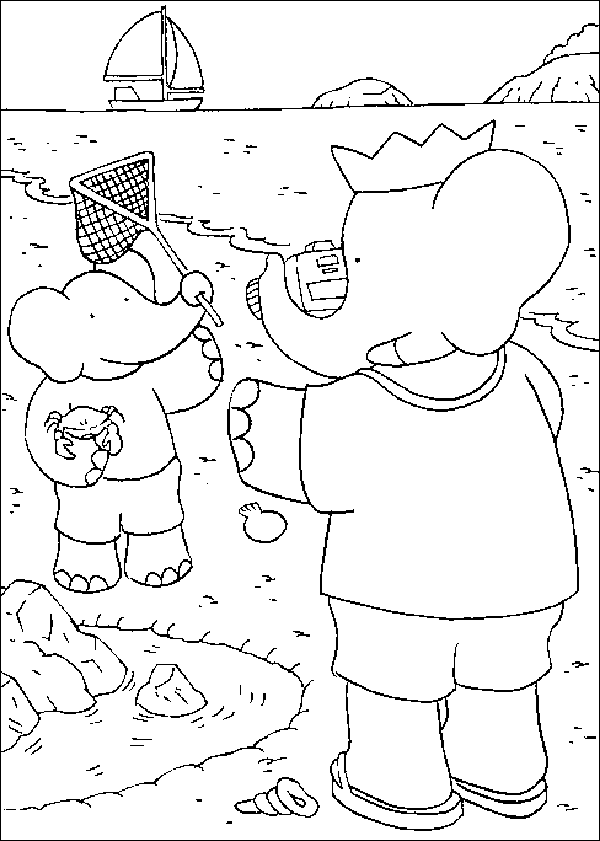 Babar und sein Sohn spielen den fliegenden Hirsch (Ausmalbild zum Ausdrucken und Ausmalen für Kinder)