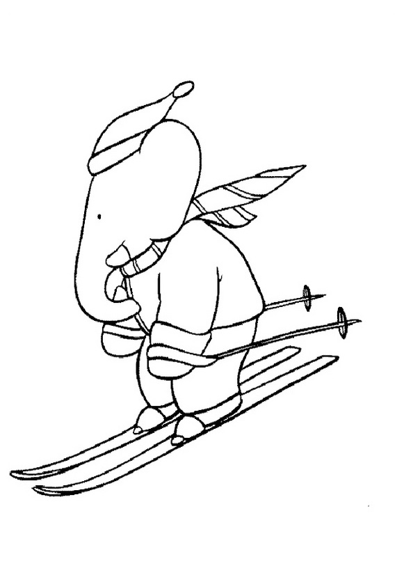 Babar auf Skiern (Ausmalbild zum Ausdrucken und Ausmalen für Kinder)