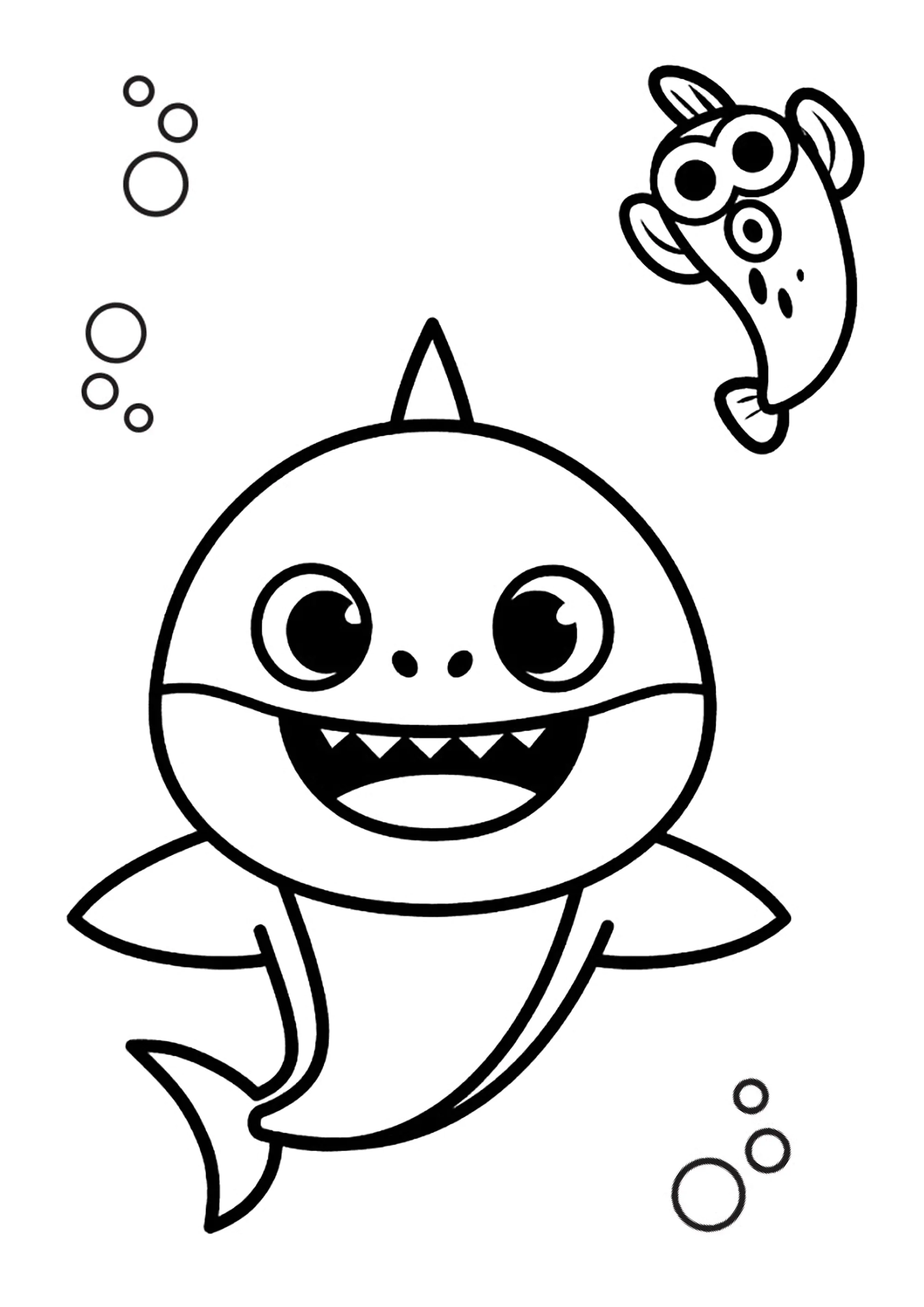 Baby Shark und ein Fischfreund, mit Blasen. (Ausmalbild zum Ausdrucken und Ausmalen für Kinder)