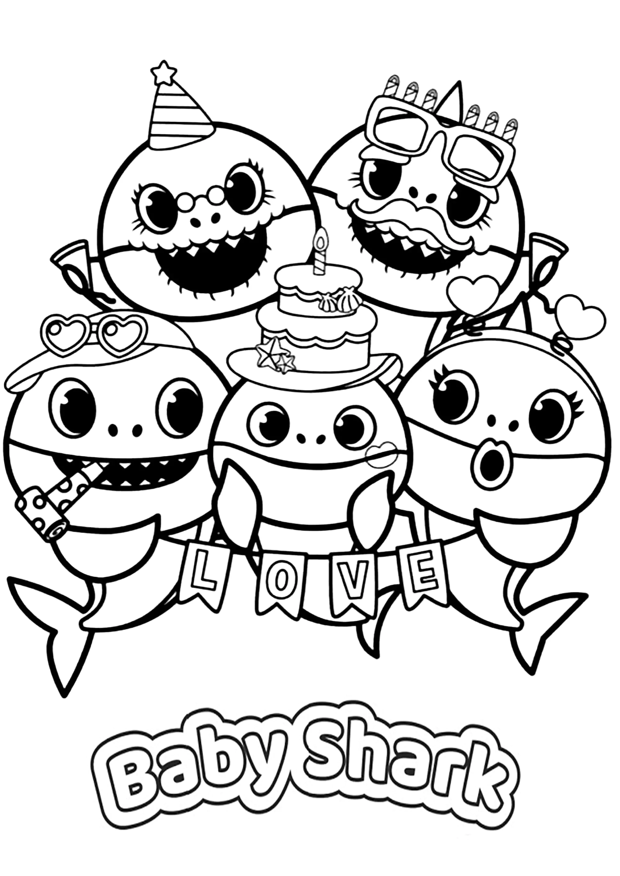 Der Geburtstag von Baby Shark (Ausmalbild zum Ausdrucken und Ausmalen für Kinder)