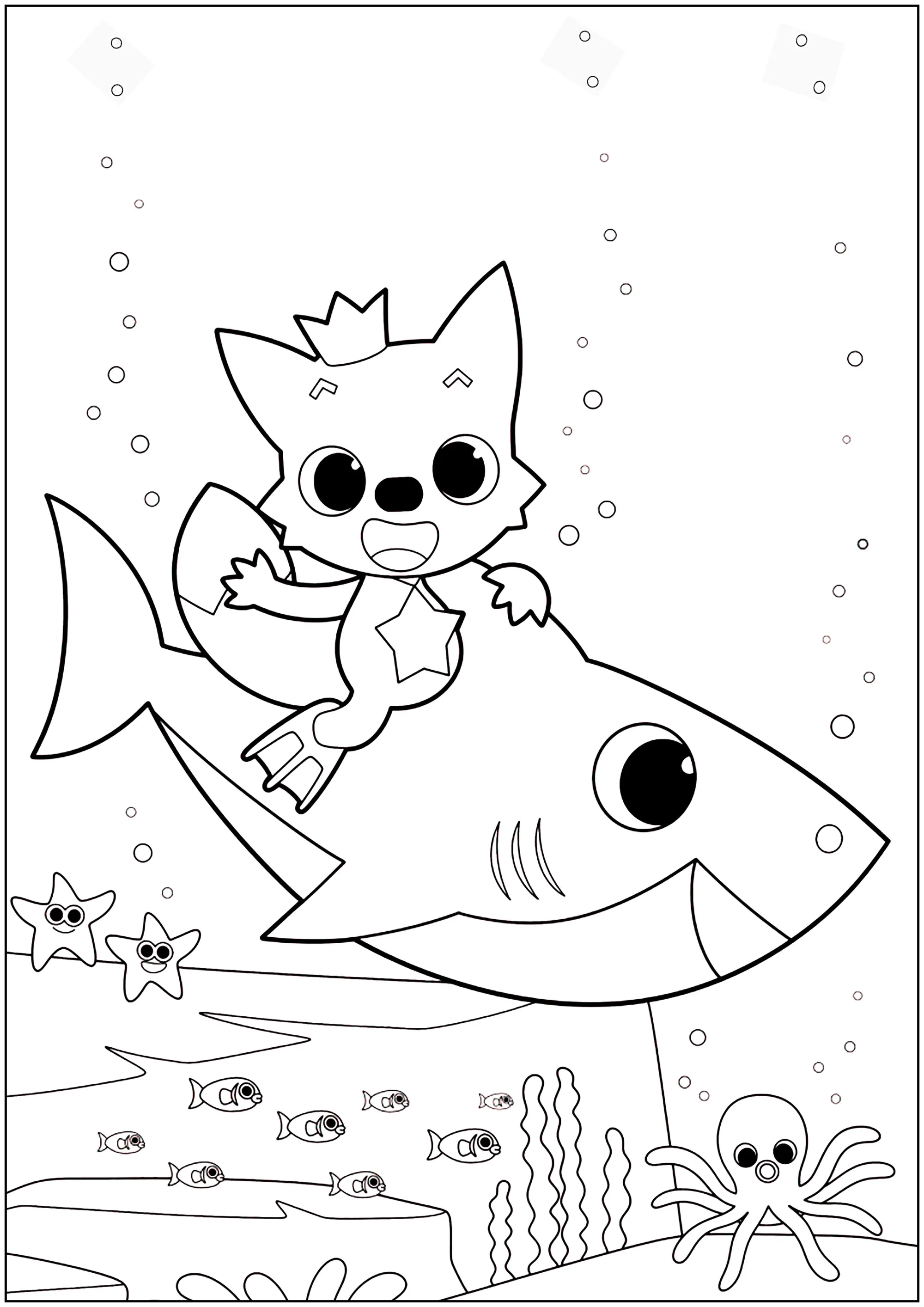 Pinkfong auf einem Hai (Ausmalbild von Baby Shark zum Ausdrucken und Ausmalen für Kinder)