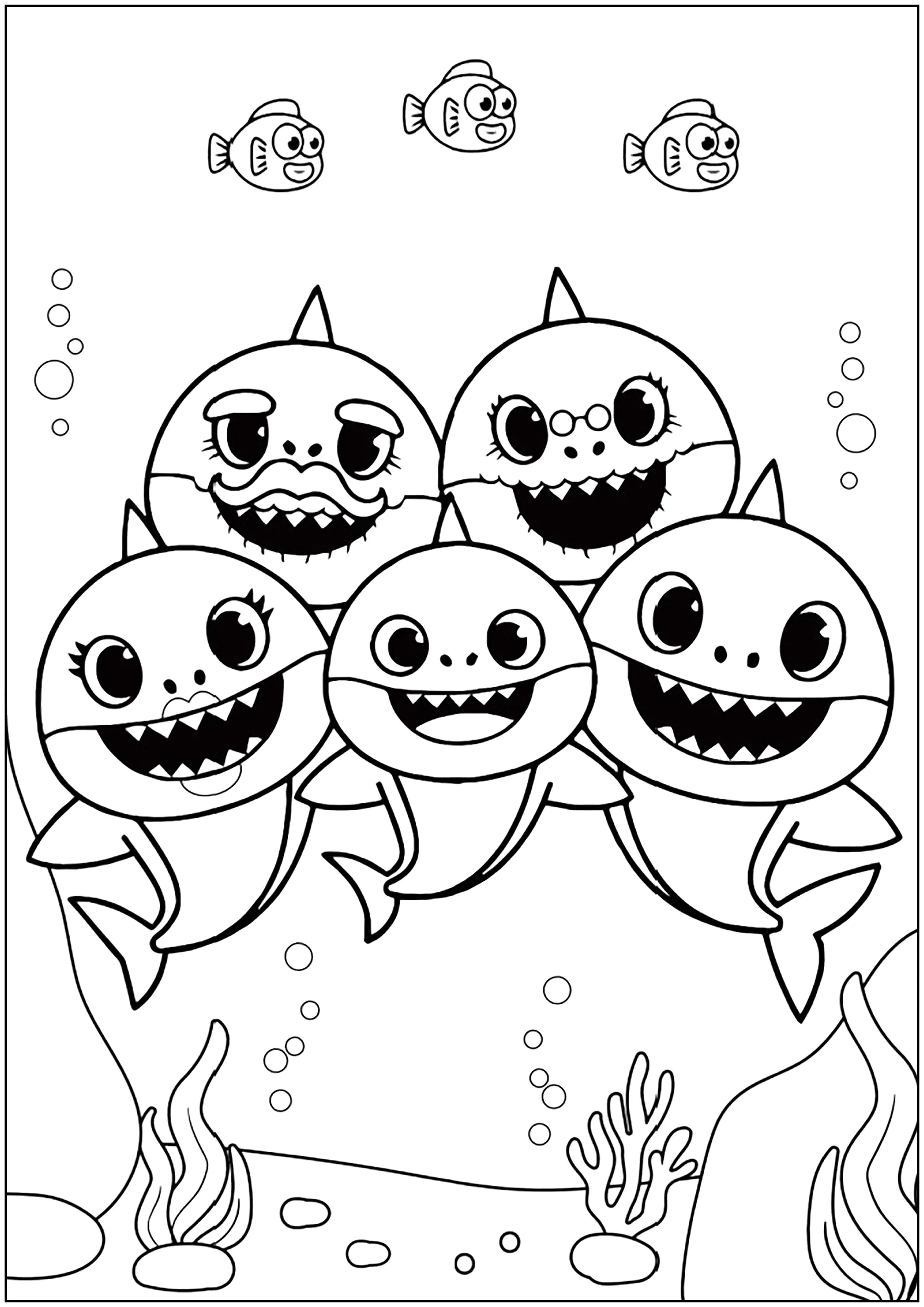 Familie Baby Shark mit schönen Fischen. (Ausmalbild zum Ausdrucken und Ausmalen für Kinder)
