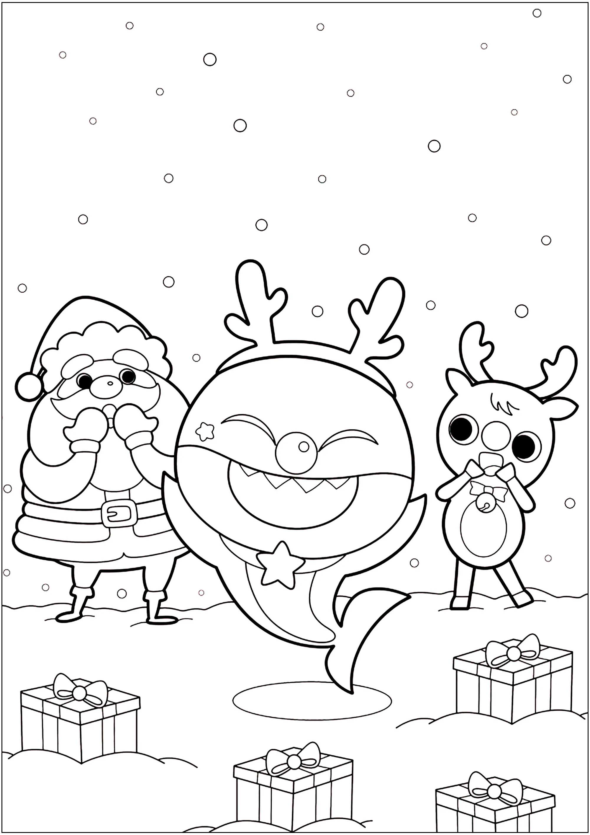 Baby Shark mit dem Weihnachtsmann und Rudolph, dem rotnasigen Rentier. (Ausmalbild zum Ausdrucken und Ausmalen für Kinder)