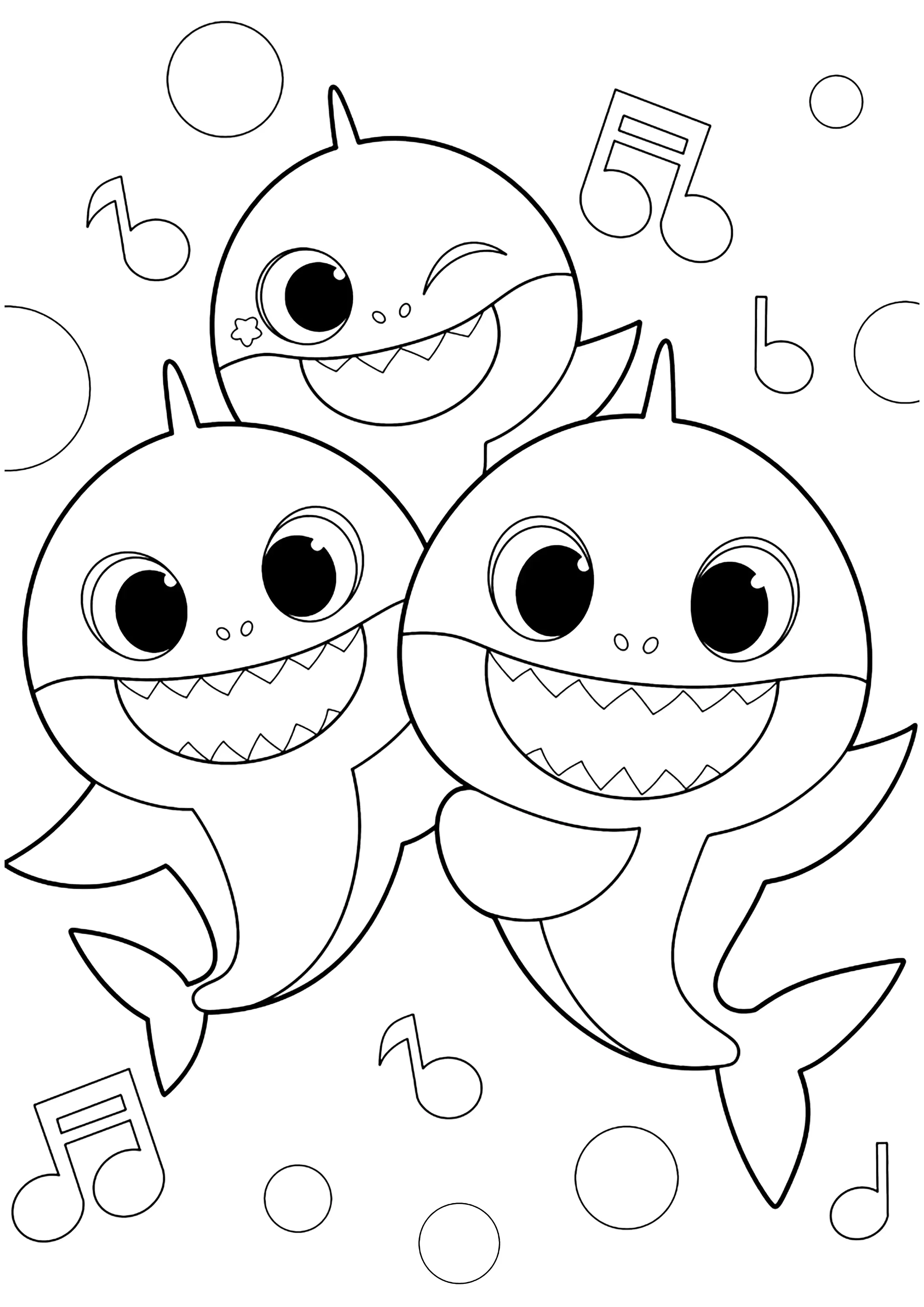 Baby Shark singt mit seinen Freunden. (Ausmalbild zum Ausdrucken und Ausmalen für Kinder)