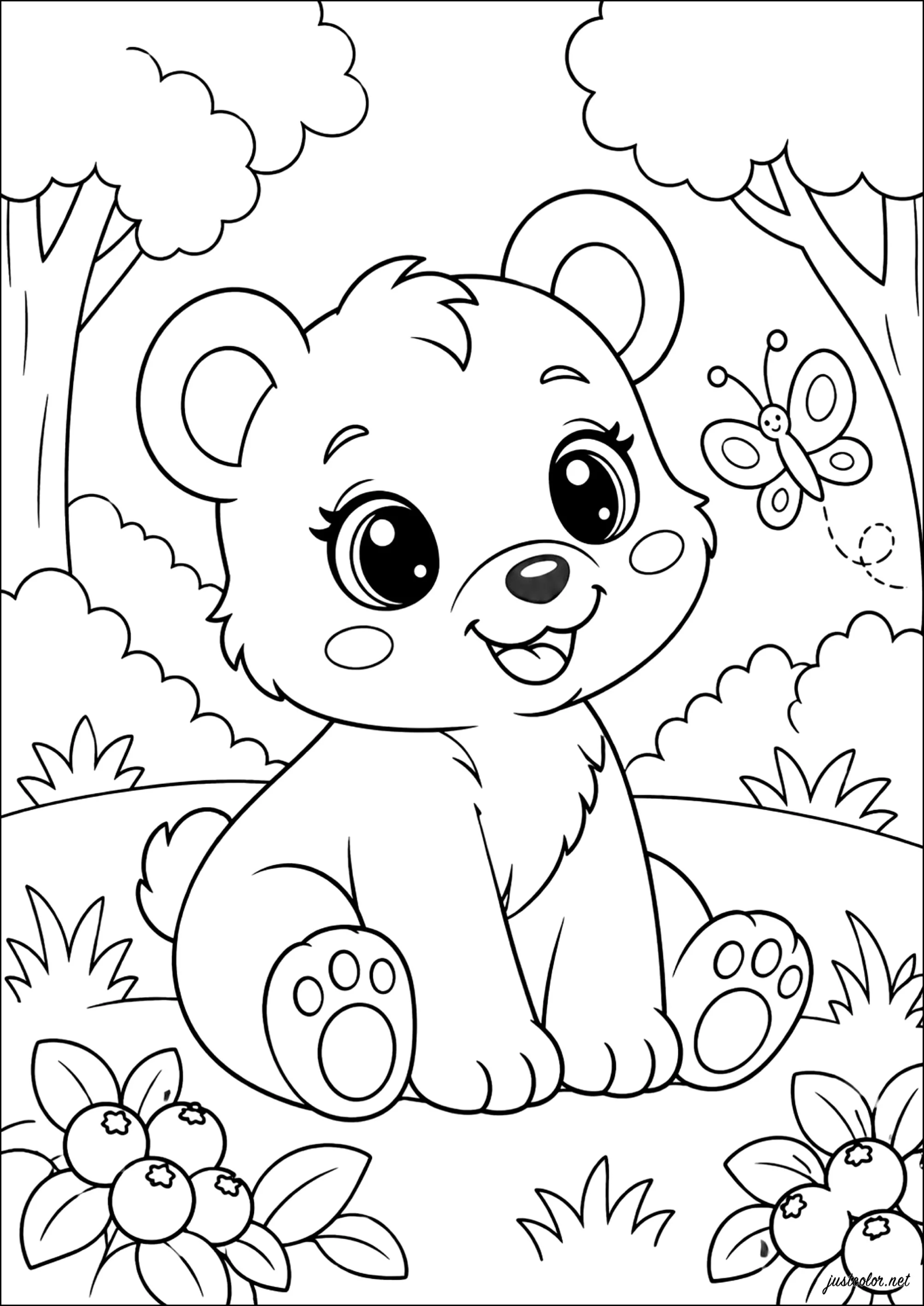 Kleiner Bär sitzt neben den Bäumen (Ausmalbild von Bären zum Ausdrucken und Ausmalen für Kinder)