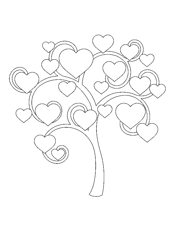 Bäume mit hübschen Herzen (Ausmalbild von Baeume zum Ausdrucken und Ausmalen für Kinder)