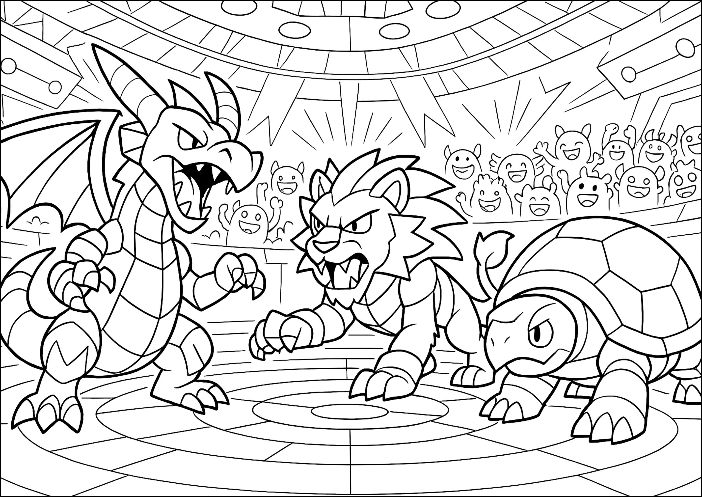 Bakugan in der futuristischen Arena (Ausmalbild zum Ausdrucken und Ausmalen für Kinder)