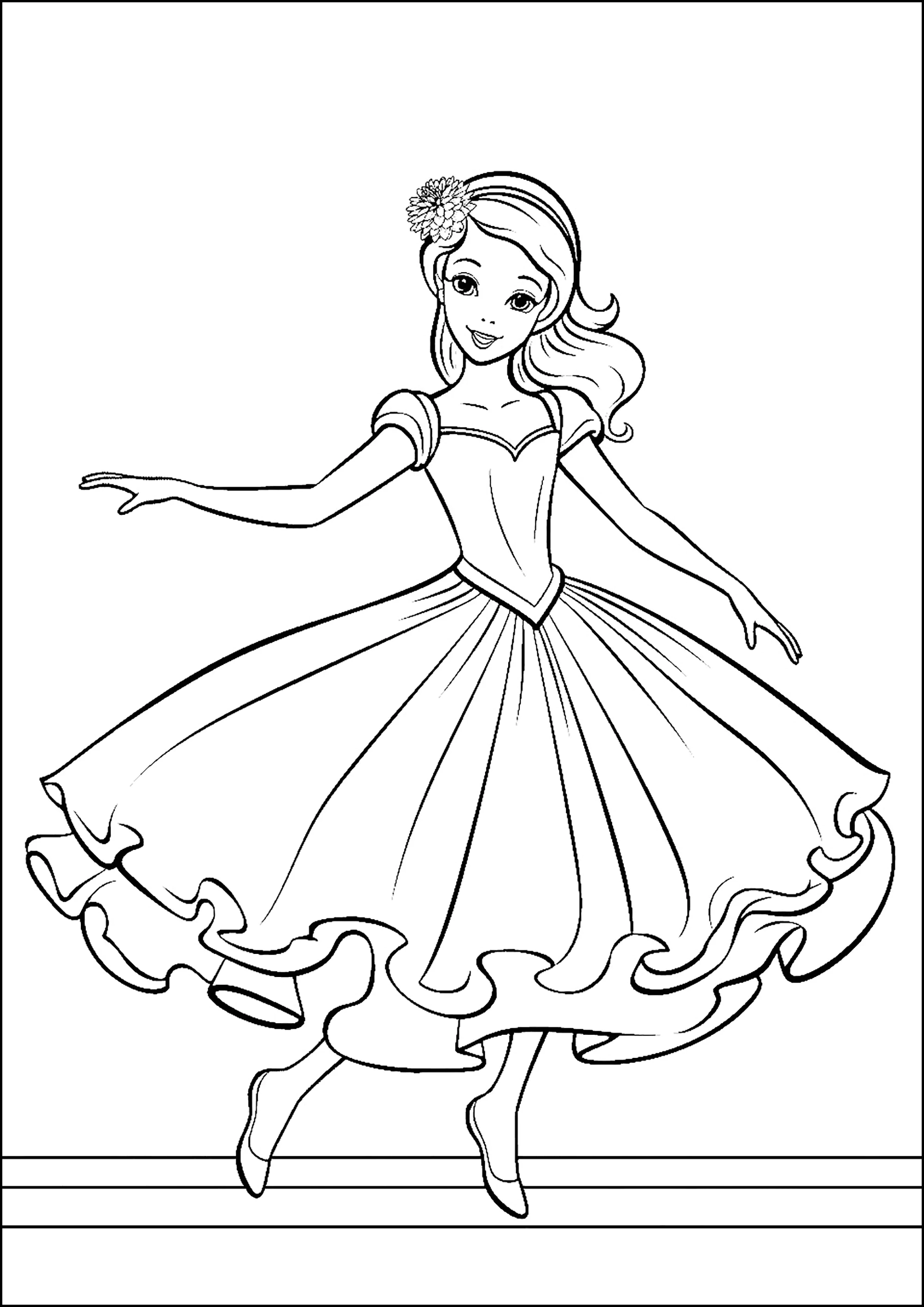 Ballerina in einem weiten Kleid wunderbar. (Ausmalbild von Balletttänzerinnen zum Ausdrucken und Ausmalen für Kinder)