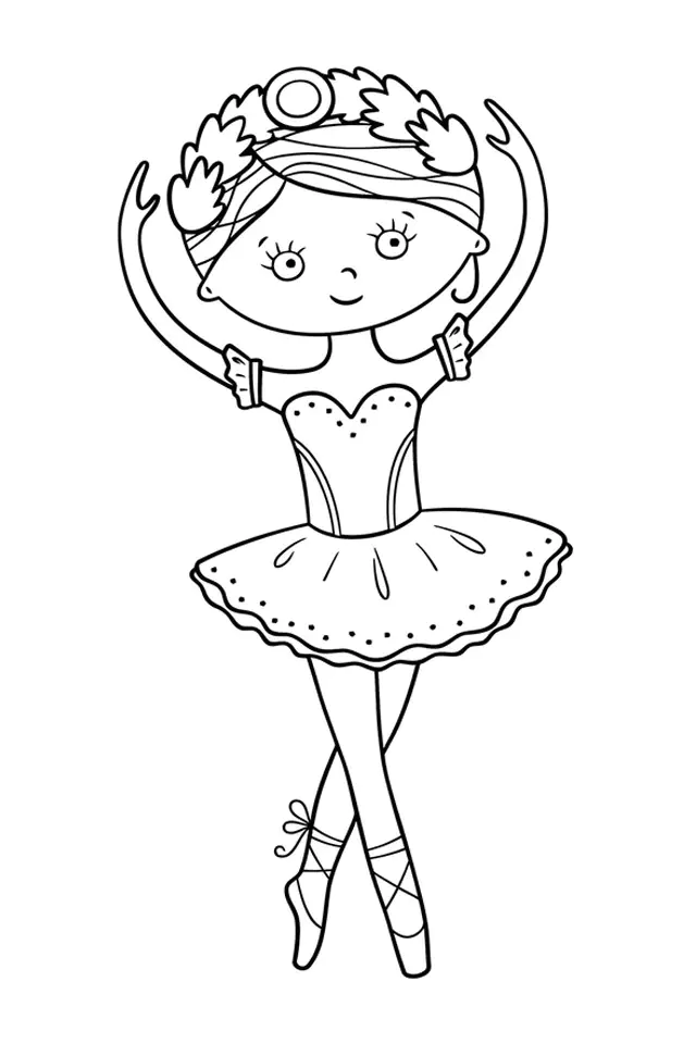 Zeichnung einer hübschen Tänzerin mit Krone im Cartoon-Stil. (Ausmalbild von Balletttänzerinnen zum Ausdrucken und Ausmalen für Kinder)