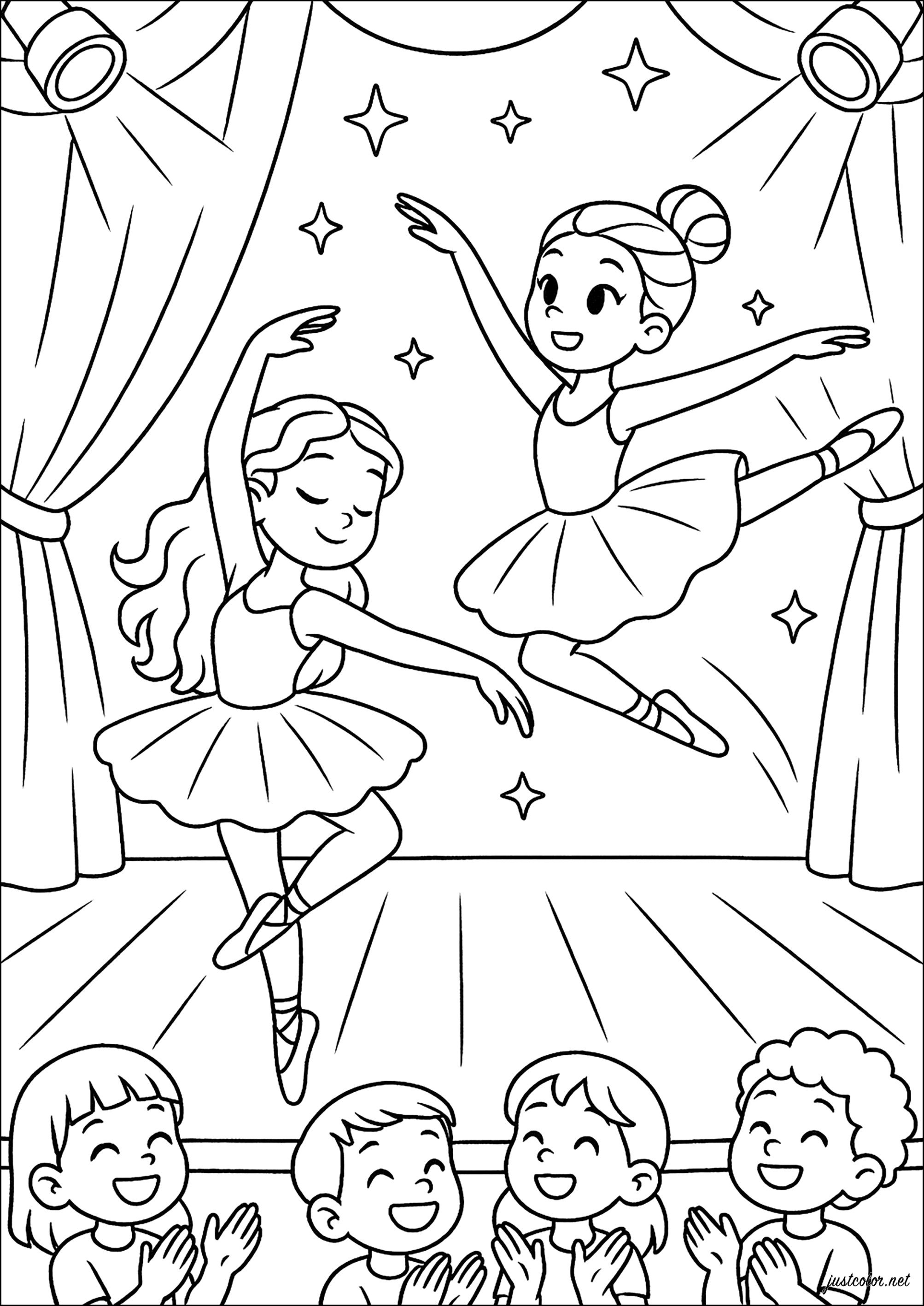 Pirouette und Grand Jeté Étoilé (Ausmalbild von Balletttänzerinnen zum Ausdrucken und Ausmalen für Kinder)